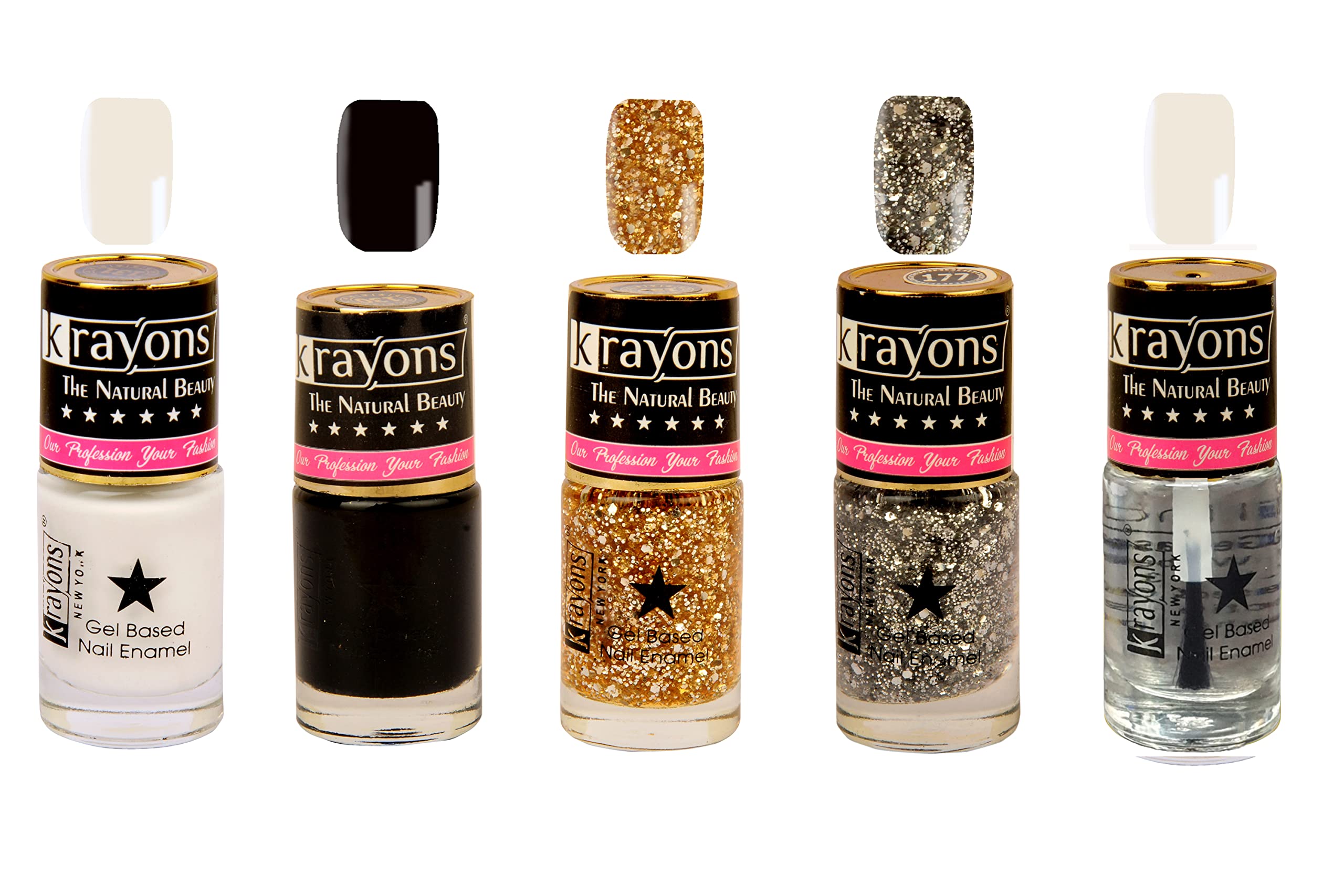 Krayons Gel Base Glossy Effect Nail Polish Set - 5 Colors (White Canvas, Black Sea, Shimmer Gold, Shimmer Silver, Top Coat) - Waterproof, Long-Lasting, 6ml Each - Perfect for Salon, Home Manicures & Special Occasions