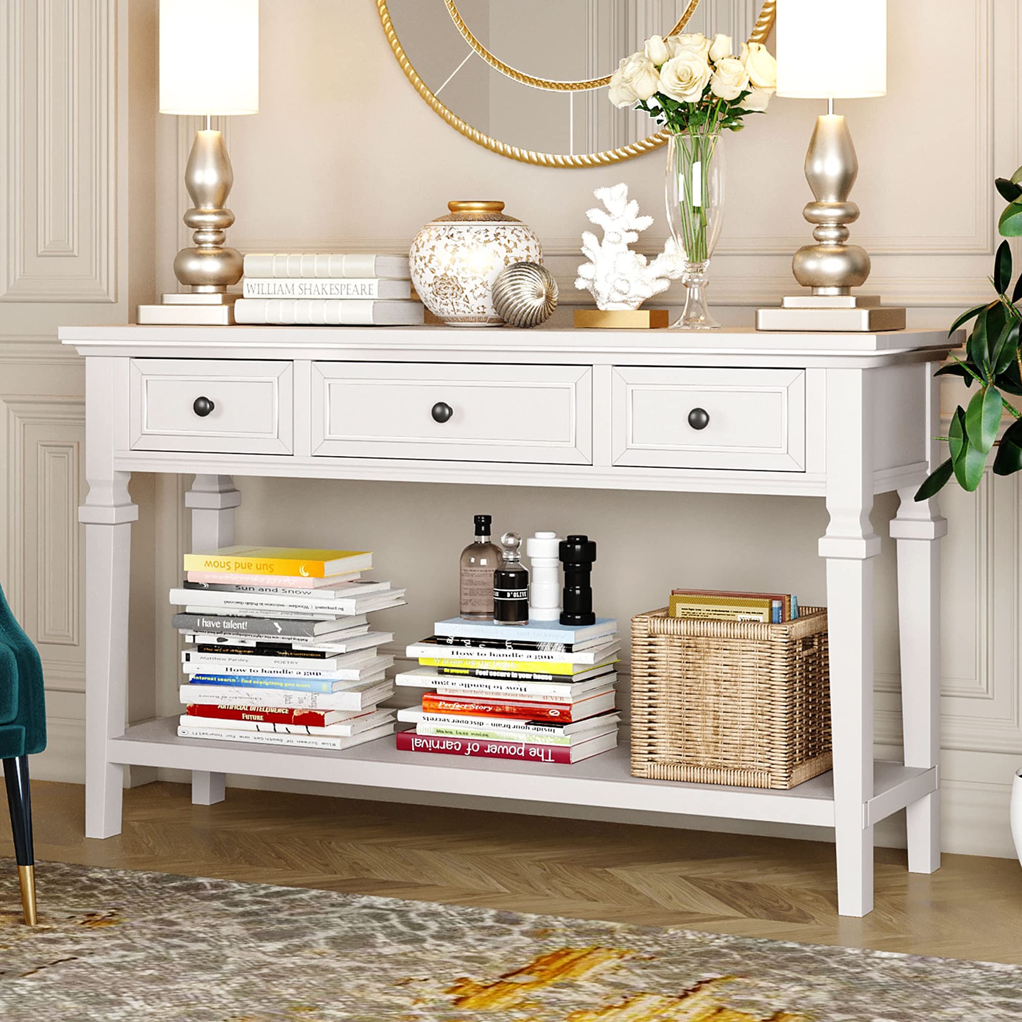 P PURLOVE Retro White Console Table with 2 Drawers & Shelf - Entryway Sofa Table for Living Room, Hallway, Bedroom - Perfect for Small Spaces & Home Decor