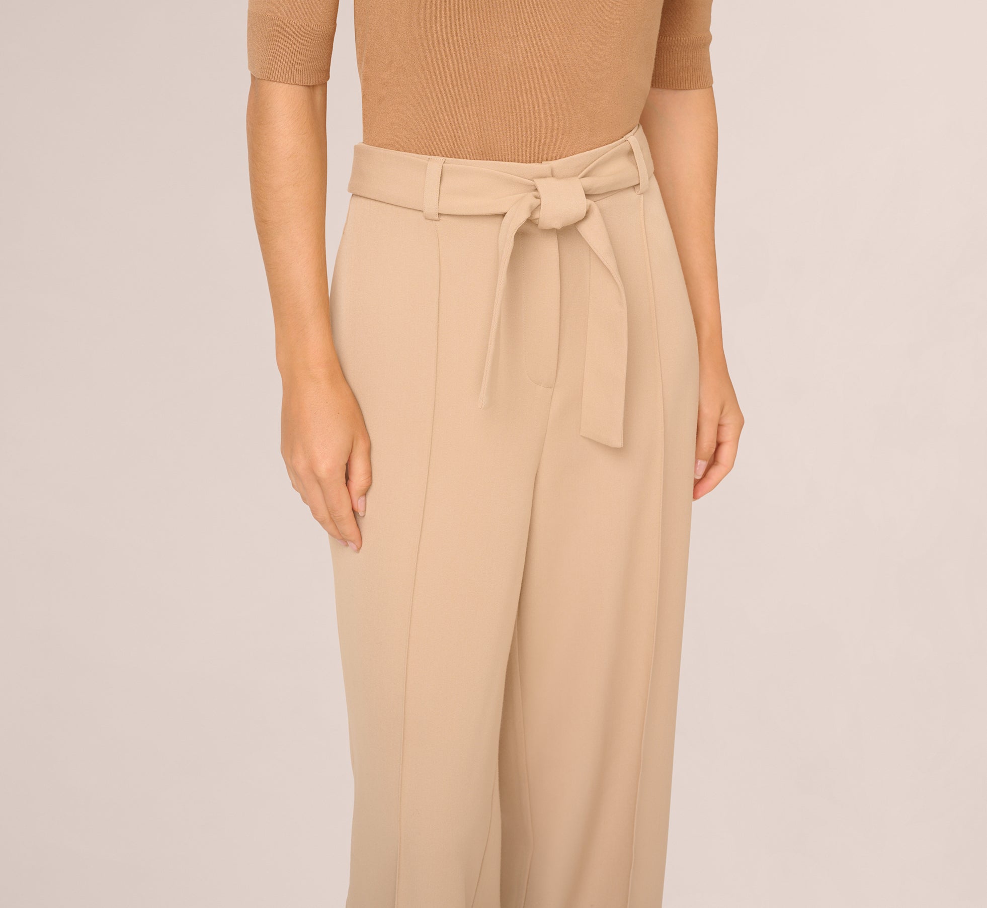Stylish Twill Zip Fly Belted Wide Leg Pants for Women - Comfortable High Waist Trousers in Sandstone | Perfect for Office, Casual Wear & Travel