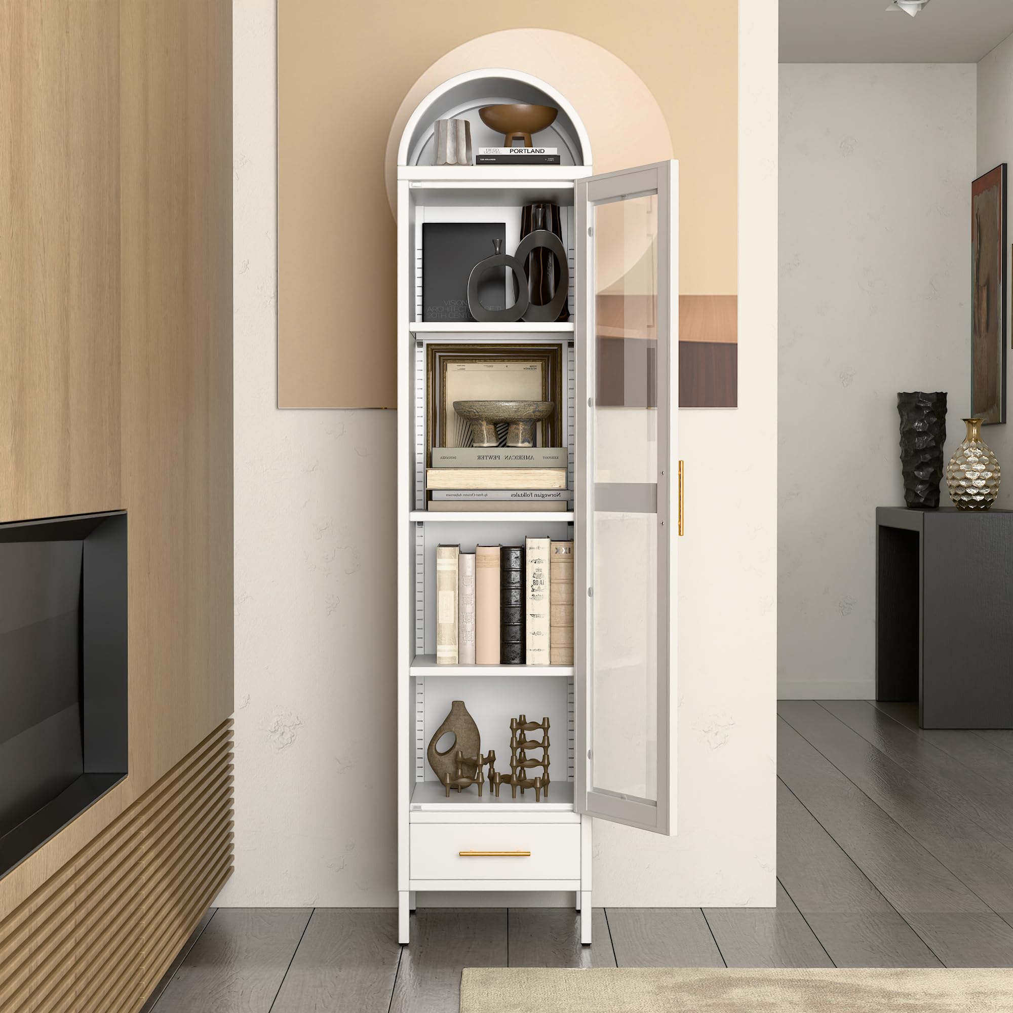 METAN White Metal Arched Storage Cabinet with Glass Door, Drawer & 3 Adjustable Shelves - Modern Bookshelf for Living Room, Kitchen, Pantry | Perfect for Home Organization & Displaying Decor Items
