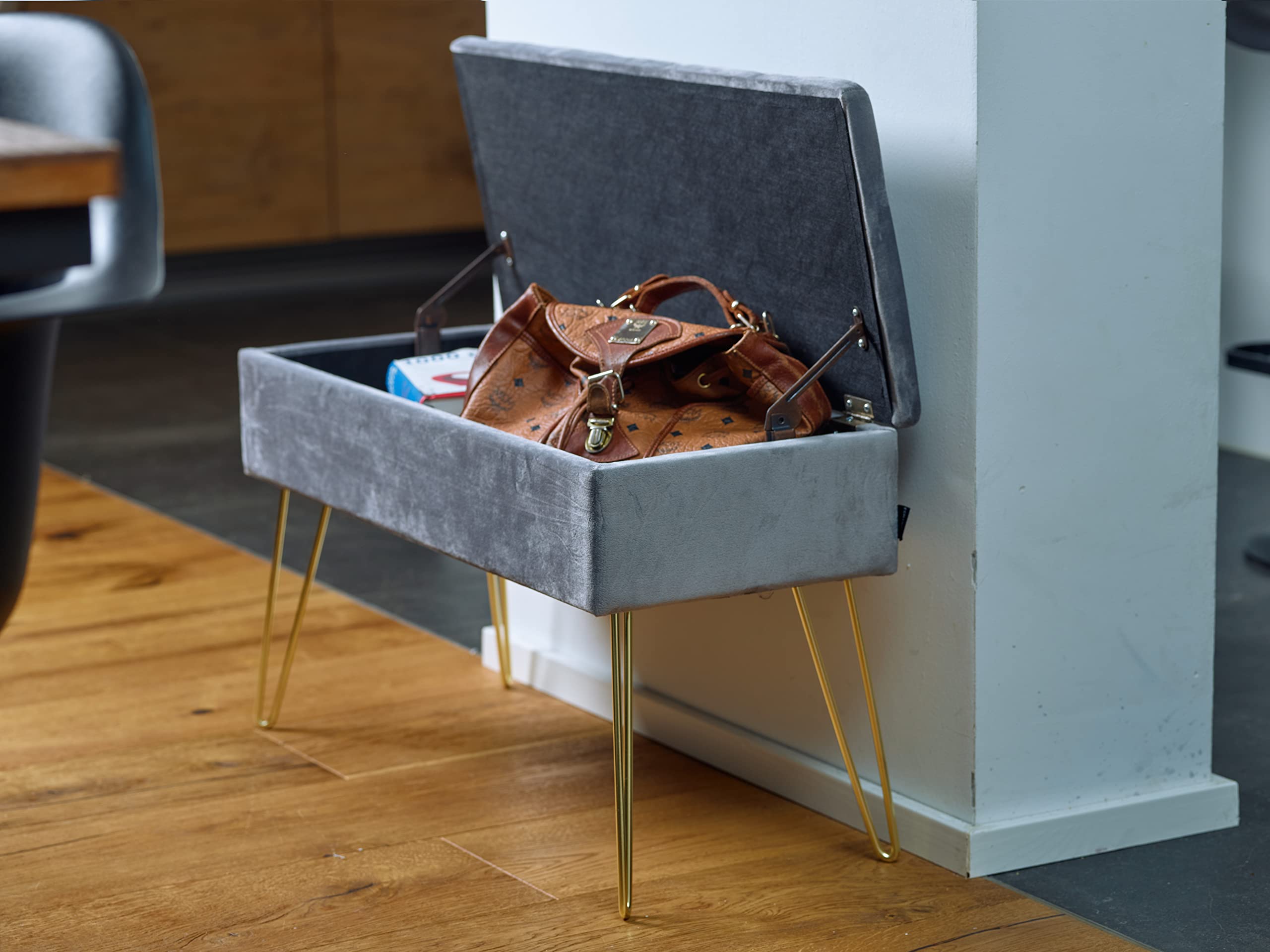 ECHTWERK Scarlett Velvet Upholstered Storage Bench with Makeup Vanity, Rectangular Ottoman with Metal Legs, Polyester Blend, Gray, 77 x 33 x 18 cm - Perfect for Bedroom Seating, Makeup Organization & Living Room Decor