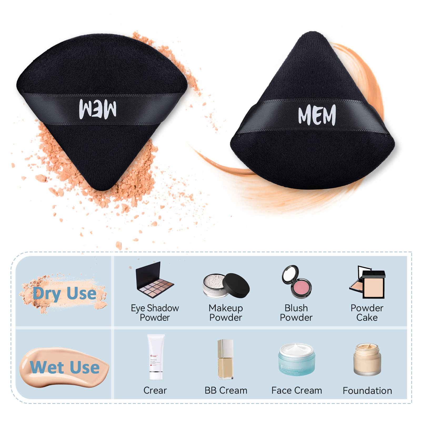 8-Piece MEM Triangle Powder Puff Set - Soft Velour Makeup Sponges for Loose & Pressed Powder Application (Wet/Dry Use) | Skin-Friendly Beauty Blenders with Satin Ribbon Handle | Perfect for On-the-Go Touchups & Professional Makeup Application
