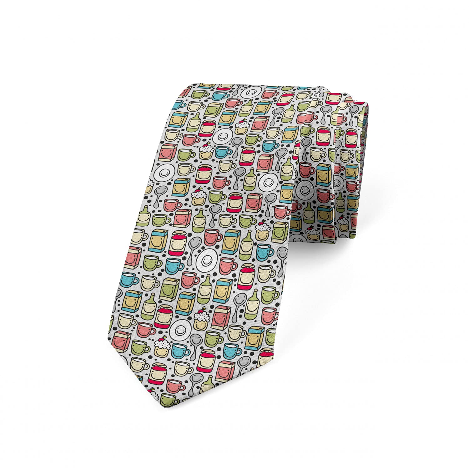 Ambesonne Multicolor Coffee Mugs & Milk Bottles Print Necktie - 3.7