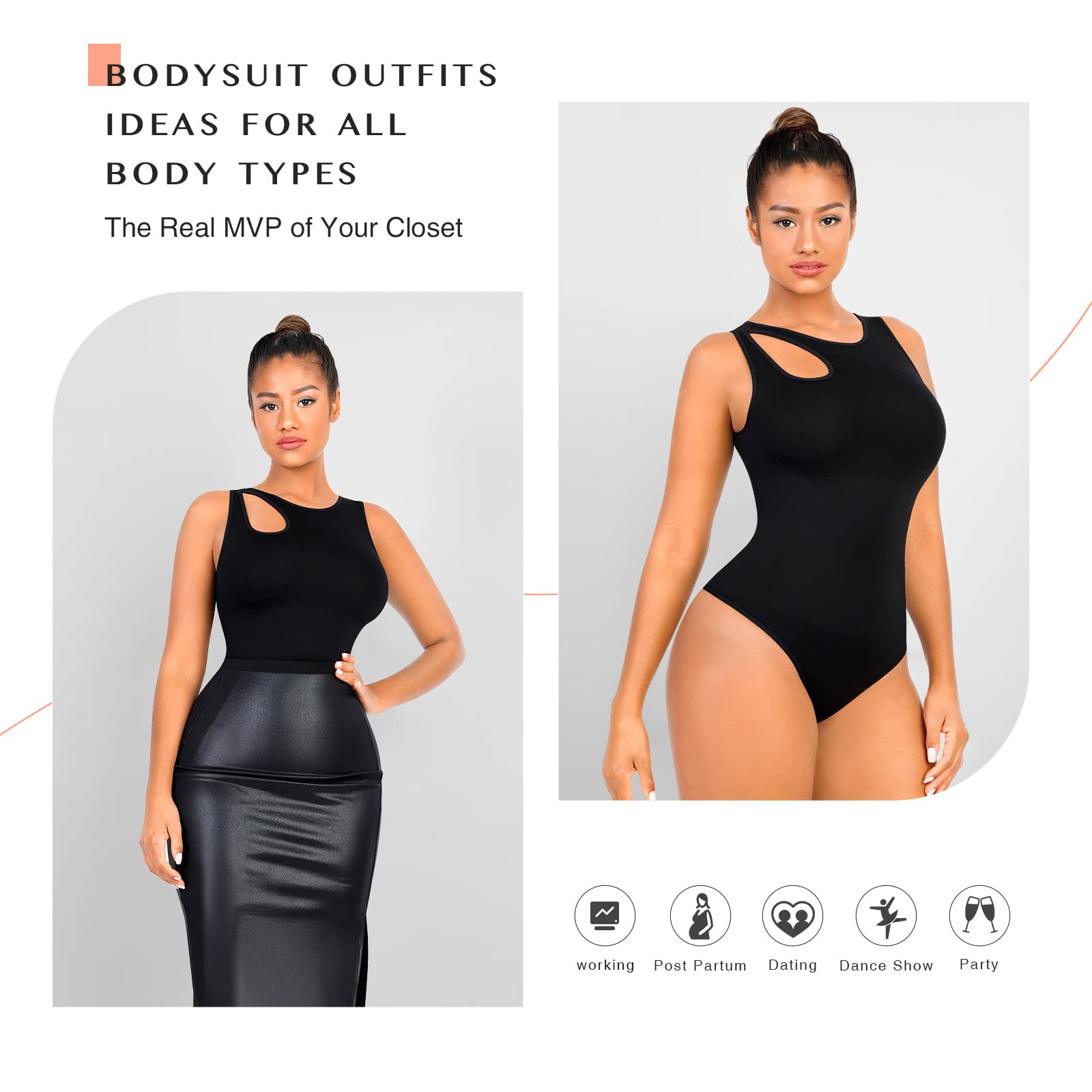 FeelinGirl Women's Tummy Control Bodysuit - Slimming Seamless Thong Body Shaper with Cut Out Design | Perfect for Shapewear, Layering Under Clothes, and Special Occasions