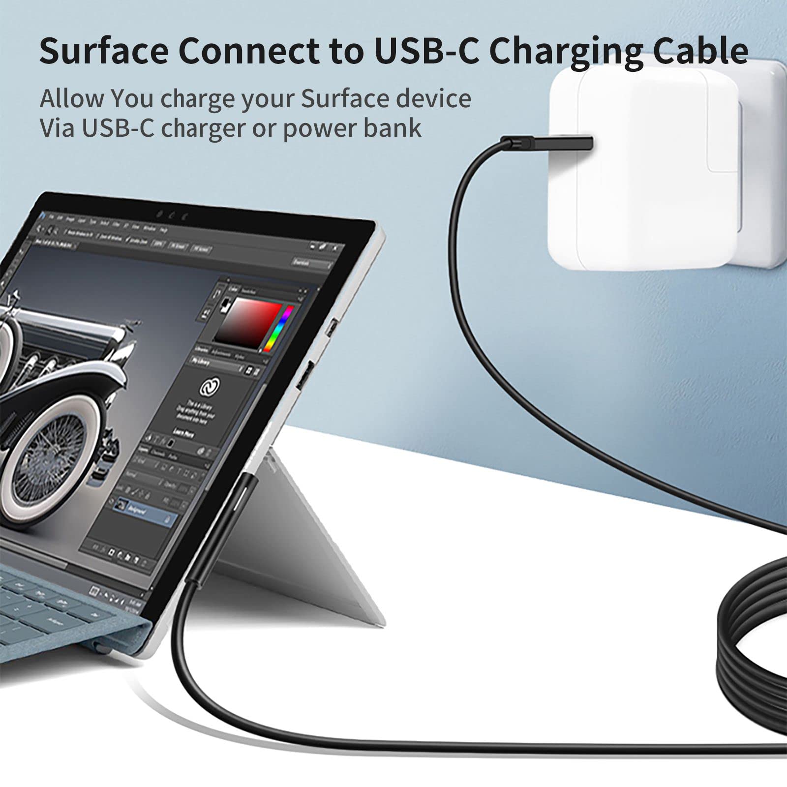 Premium Nylon Braided USB-C Charging Cable for Microsoft Surface Pro 7/6/5/4/3/2/1 - 6ft Fast Charging Cord Compatible with 45W 15V 3A Power Adapter (Black) - Perfect for Home, Office & Travel Use