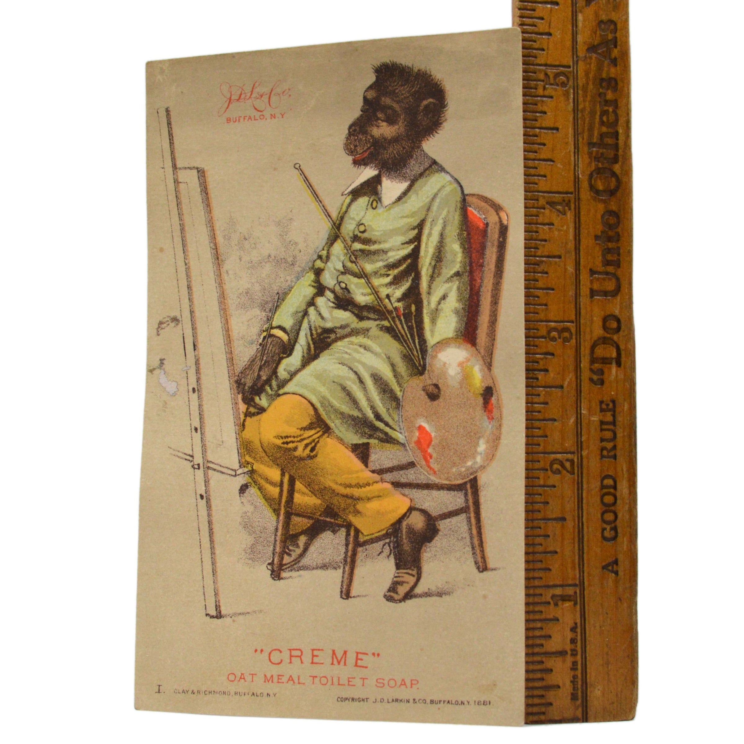 Vintage Antique Advertising Trade Card - Creme Oat Meal Toilet Soap Painting with Monkey Design | Collectible Ephemera for Home Decor, Bathroom Display & Vintage Advertising Enthusiasts