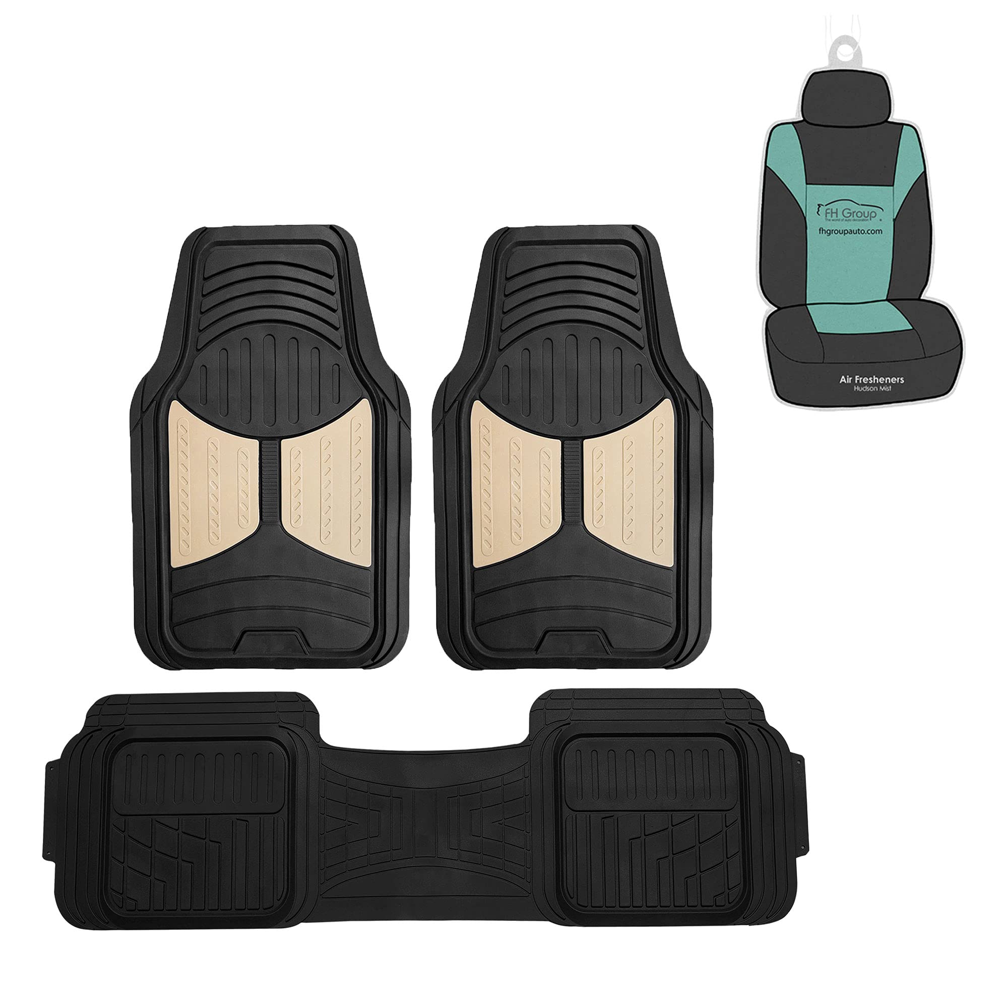 FH Group Climaproof™ Heavy Duty Rubber Car Floor Mats - Universal Fit for Sedan, SUV & Truck - Trimmable Full Beige Set with Small Car Seat Cover - Durable All-Weather Protection for Daily Commute & Road Trips