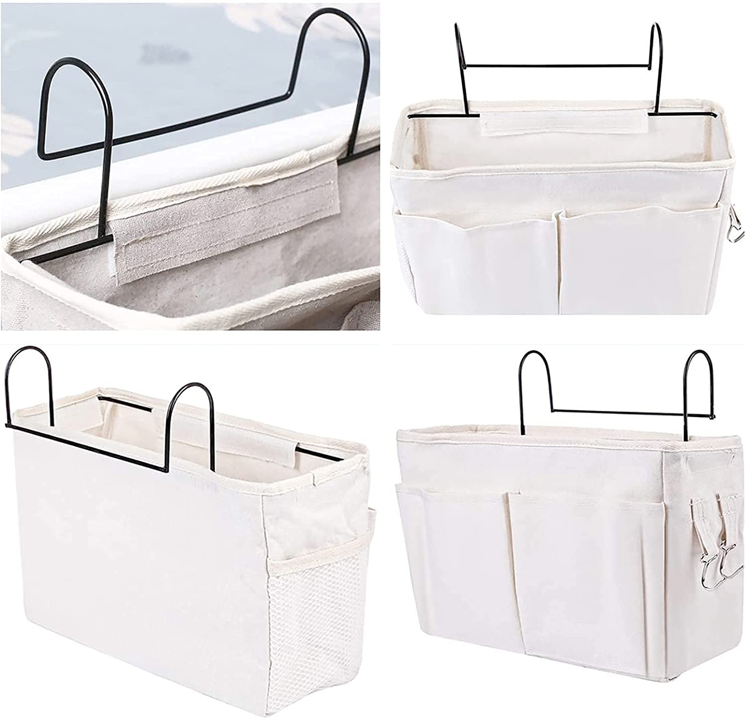 Bedside Storage Pocket Organizer - Hanging Bedside Organizer with Hook for Home, Office, School, Dorm & Bedroom - White & Grey - Perfect for Storing Books, Phones & Essentials by Your Bed