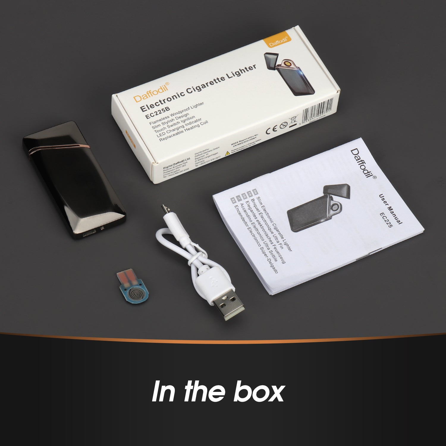 USB Rechargeable Windproof Flameless Electronic Lighter - Coil Touch Control, Waterproof & Eco-Friendly (Model EC225) - Perfect for Camping, Hiking, BBQ and Outdoor Adventures