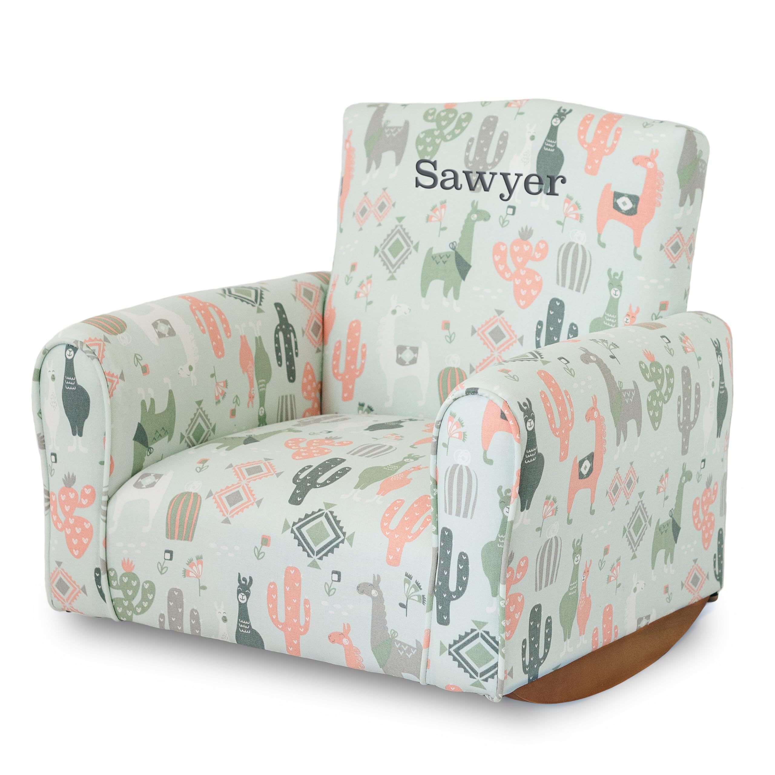 Personalized Kids Rocking Chair with Name - Soft Upholstered Toddler Armchair, Custom Llama Print Design for Nursery & Playroom - Comfortable Personalized Children's Furniture for Reading Nook & Bedroom Decor