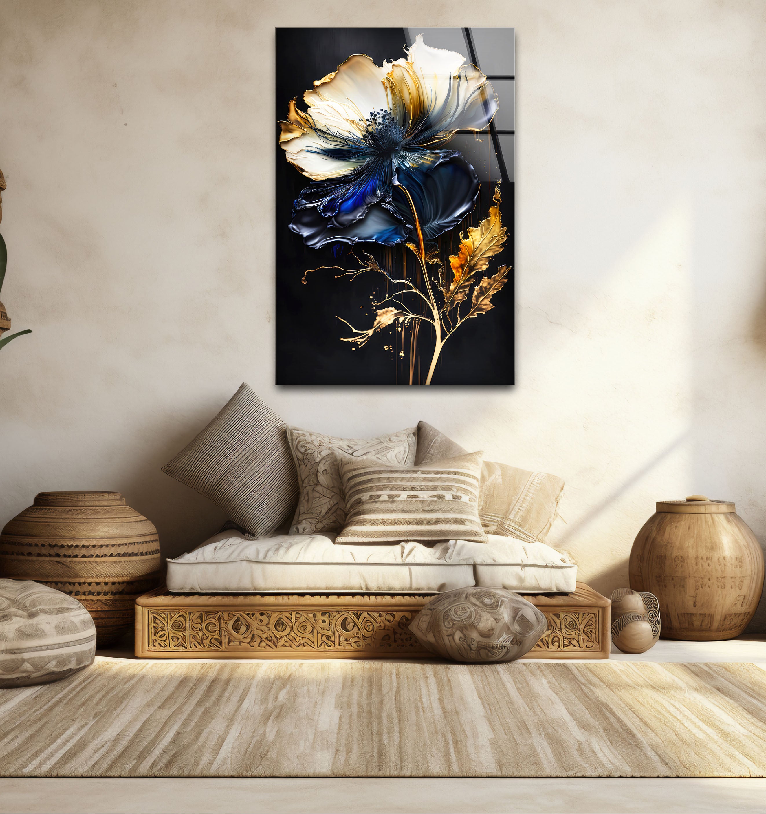 Blue and Gold Floral Wall Art - Elegant Dark Botanical Glass Print for Modern Luxury Home Decor | Perfect for Living Room, Bedroom & Office Wall Decor