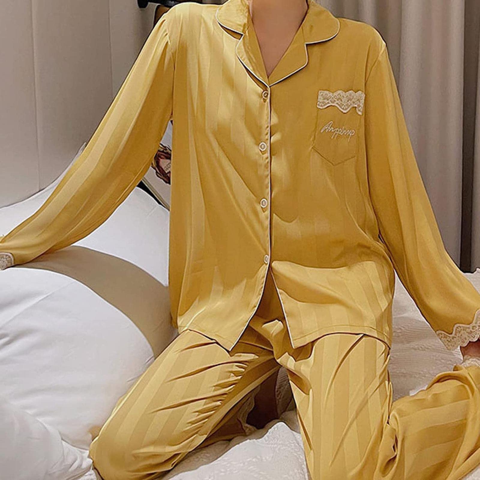 Women's Lace Silk Satin Pajama Set - 2-Piece Long Sleeve Comfortable Sleepwear Loose Fit Button Down PJs for Lounge & Bedtime | Perfect for Relaxing at Home, Gift Giving & Special Occasions