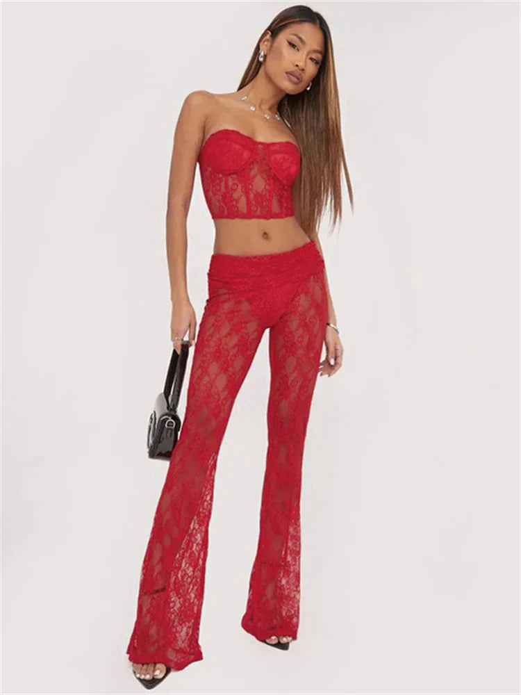 Sexy Red Lace Sheer Strapless Bodycon Crop Top & Pants Set for Women | 2-Piece Club Outfit | Perfect for Parties, Nightclubs & Date Nights | 2023 Fashion Trend