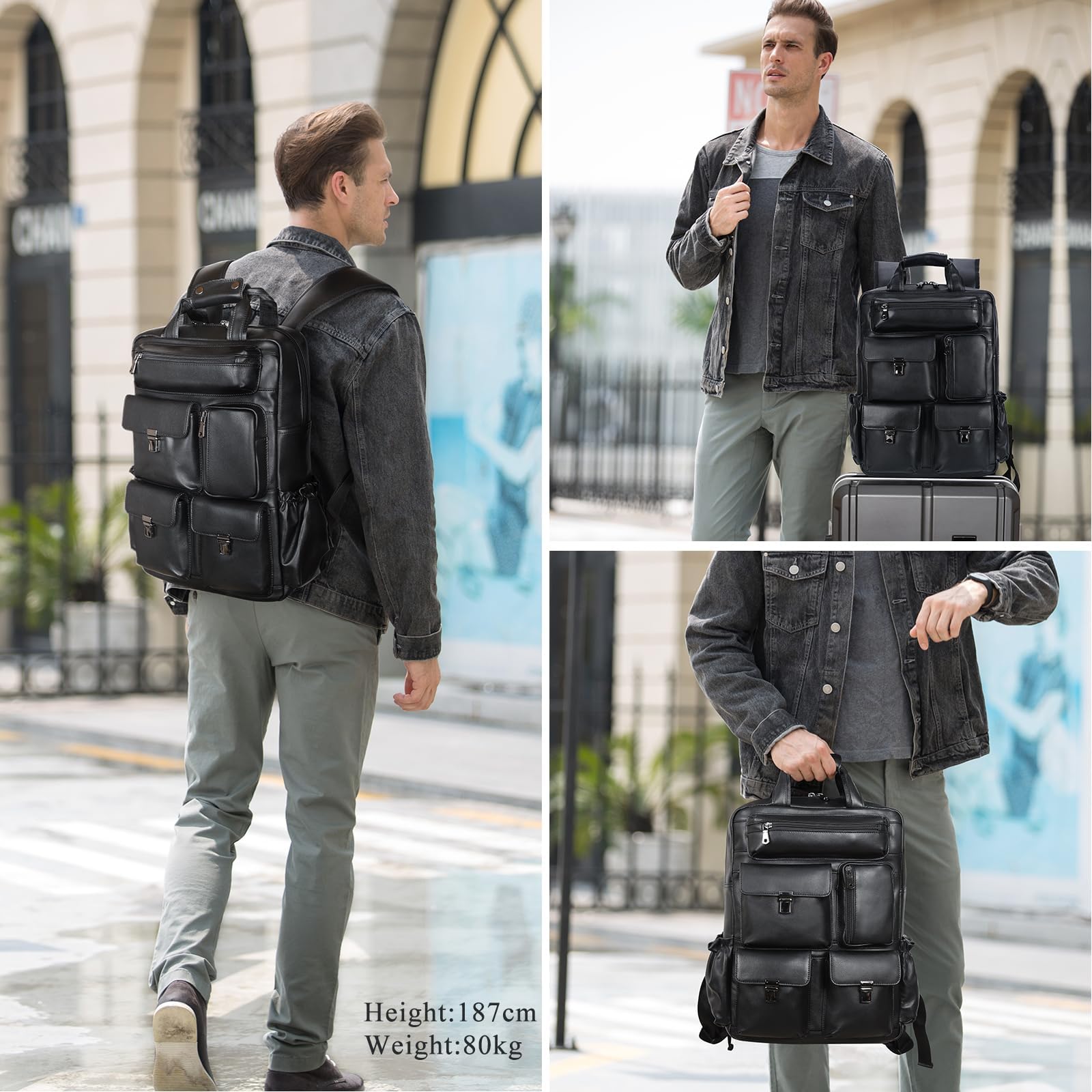 Stylish Black Leather Backpack for Men - 15.6 Inch Laptop Bag with Multiple Pockets - Durable Rucksack for Business, Work, Travel & Daily Use - Perfect for Commuting, Office & College