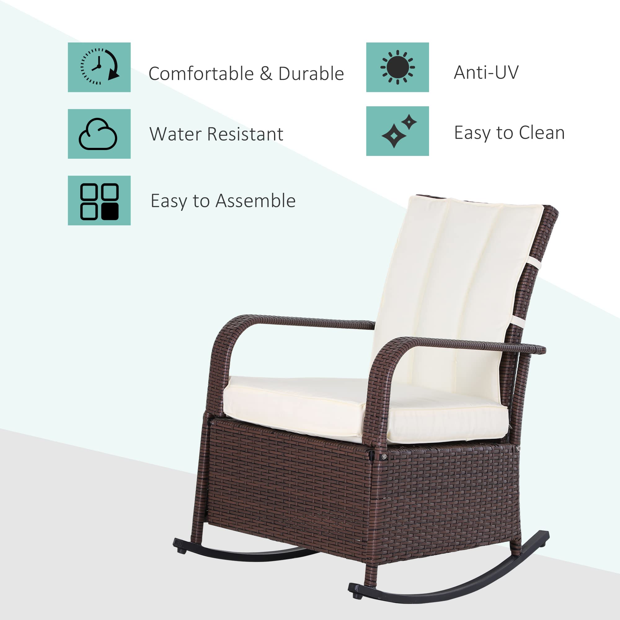 Outsunny PE Rattan Outdoor Rocking Chair with Adjustable Backrest & Footrest - Patio Lounge Chair with Cushions for Garden, Backyard, Porch - Perfect for Relaxing, Sunbathing & Outdoor Entertaining (Beige)