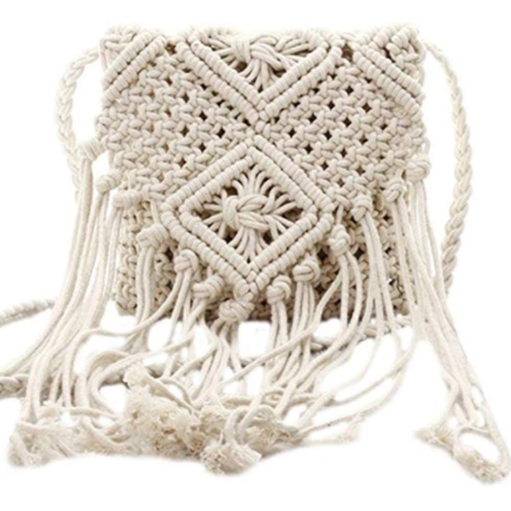 Bohemian Crochet Shoulder Bag with Cotton Tassel - Handmade Macrame Purse for Women, Beach Bag, Festival Messenger Bag - Perfect for Summer Outings, Travel & Boho Fashion Accessories
