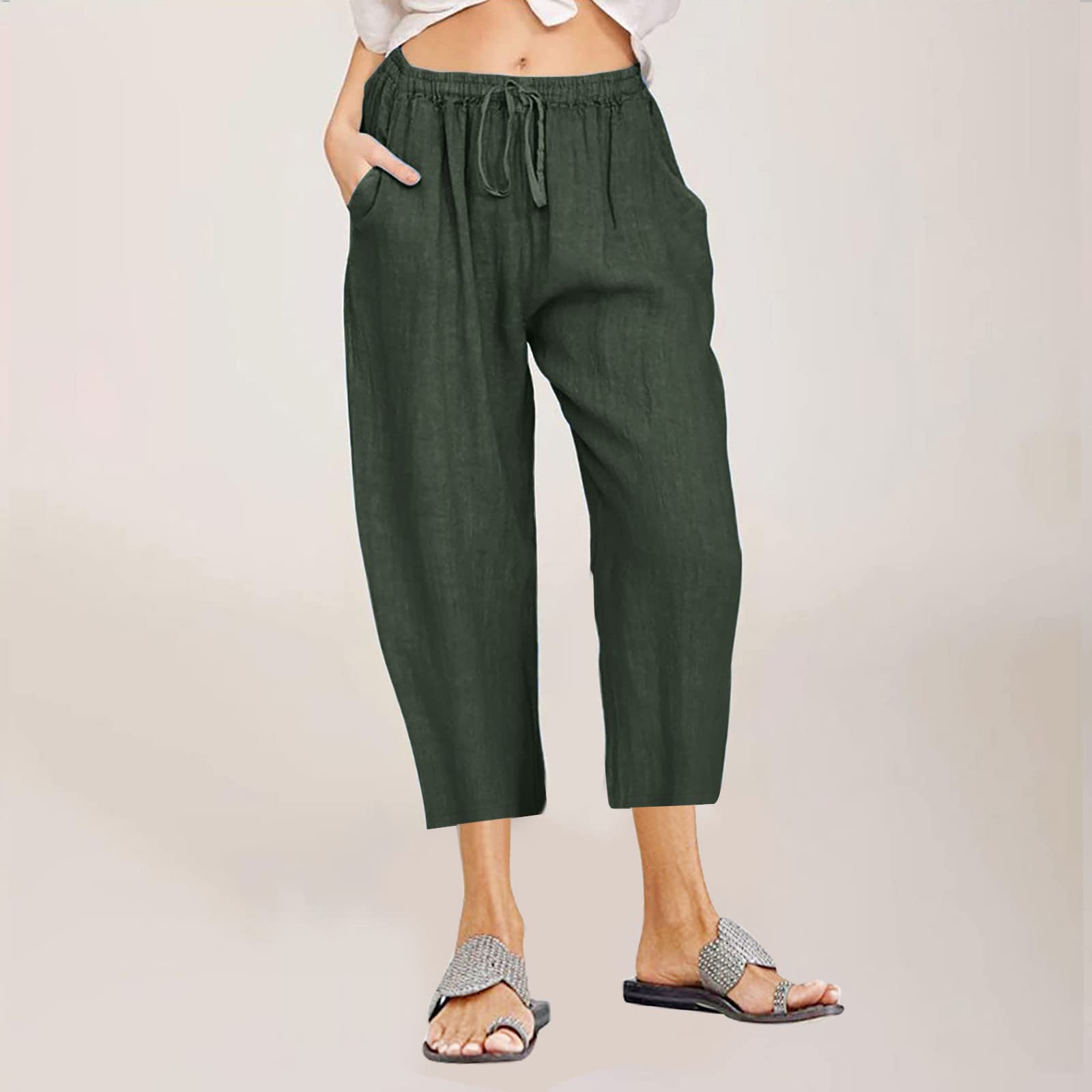 Women's Linen Capri Pants - High Waisted Summer Cropped Pants with Drawstring, Boho Beachwear for Casual Outings & Vacation 2023