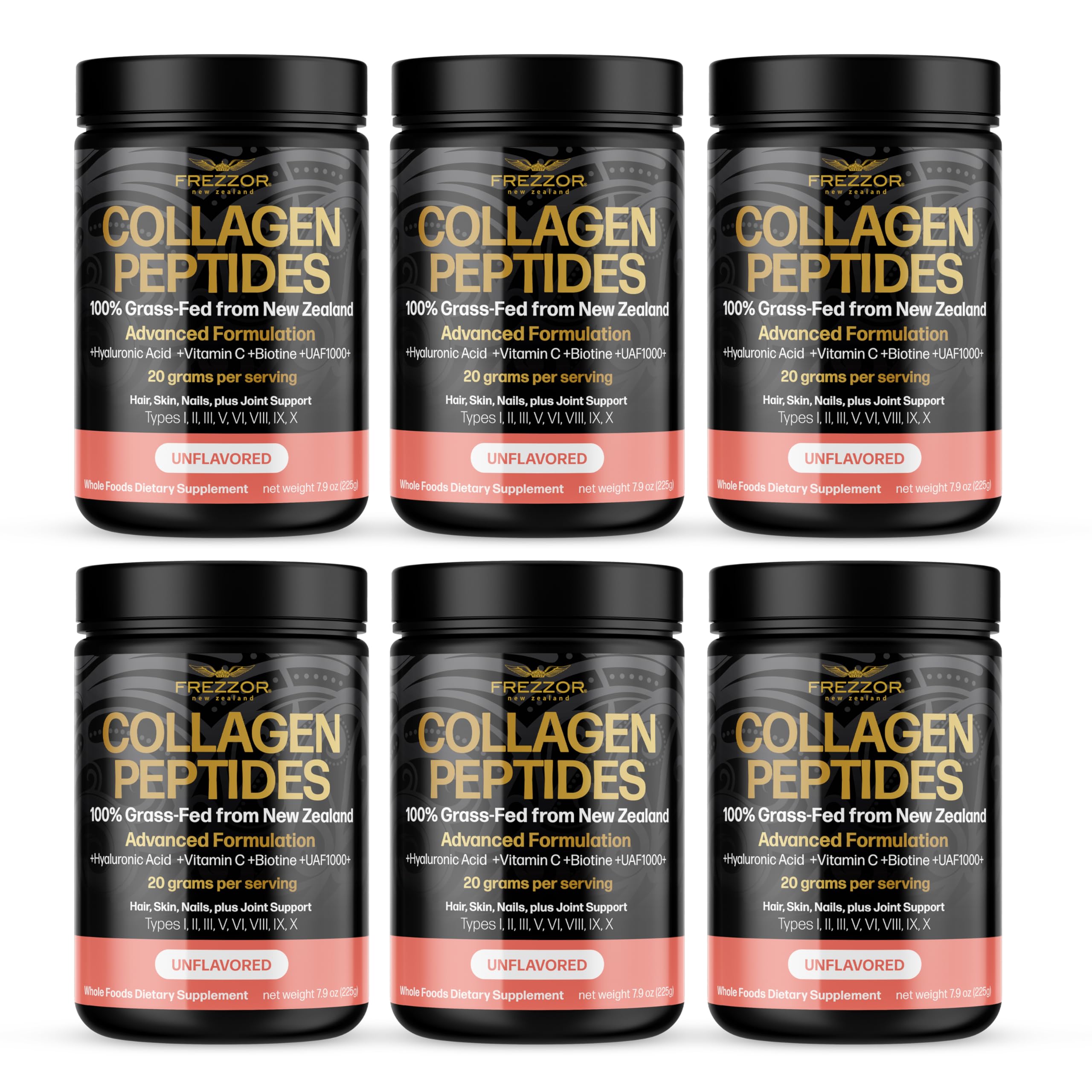 FREZZOR Hydrolyzed Beef Bone Collagen Peptides Powder - 100% New Zealand Sourced, Unflavored 1.35kg (6 Jars) for Skin Hydration, Fine Lines & Wrinkles Reduction, Stronger Hair & Nails, Joint Support - Ideal for Smoothies, Coffee & Daily Wellness Routine