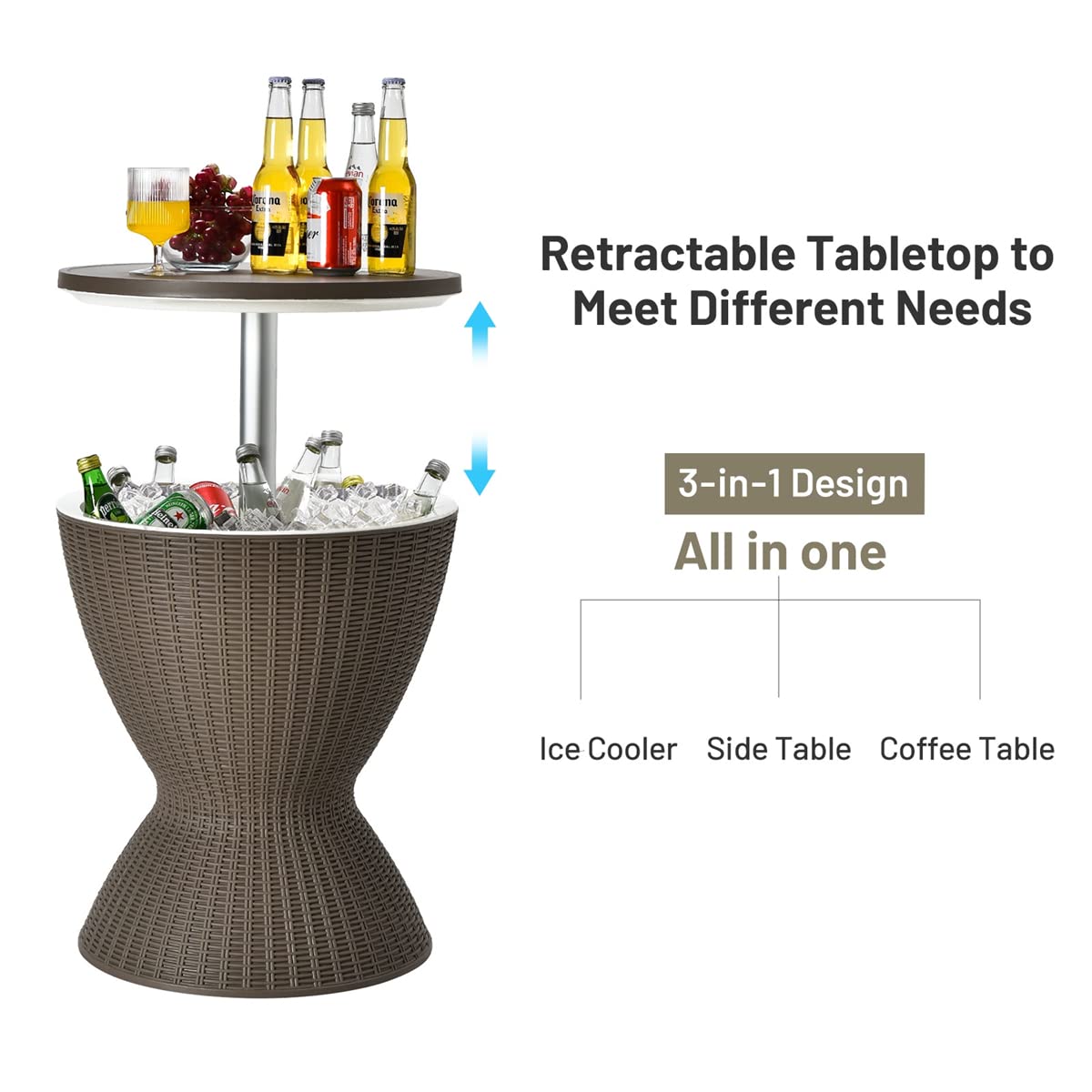 3 in 1 Outdoor Patio Cooler with Adjustable Ice Bucket - 8 Gallon Portable Kitchen Cooling Bin for Backyard, Deck, Camping & Picnic - Rattan Design - Perfect for BBQs, Beach Parties and Outdoor Gatherings