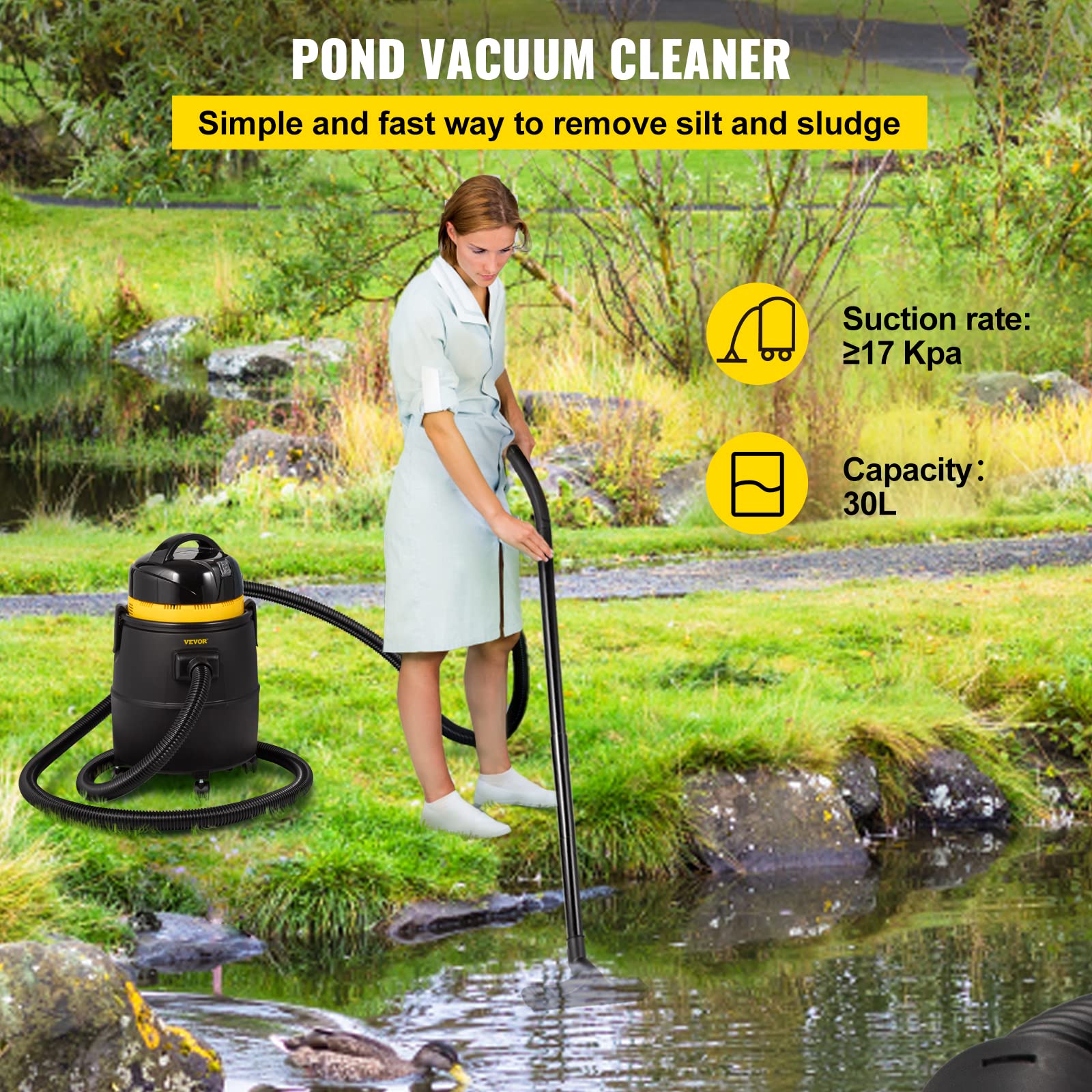VEVOR 1400W Powerful Pond Vacuum Cleaner with 15ft Electric Wire, 4 Brush Heads & 4 Extension Tubes - Above Ground Pool Cleaner for Leaves, Algae & Debris - Perfect for Koi Ponds, Water Gardens & Outdoor Fountain Maintenance