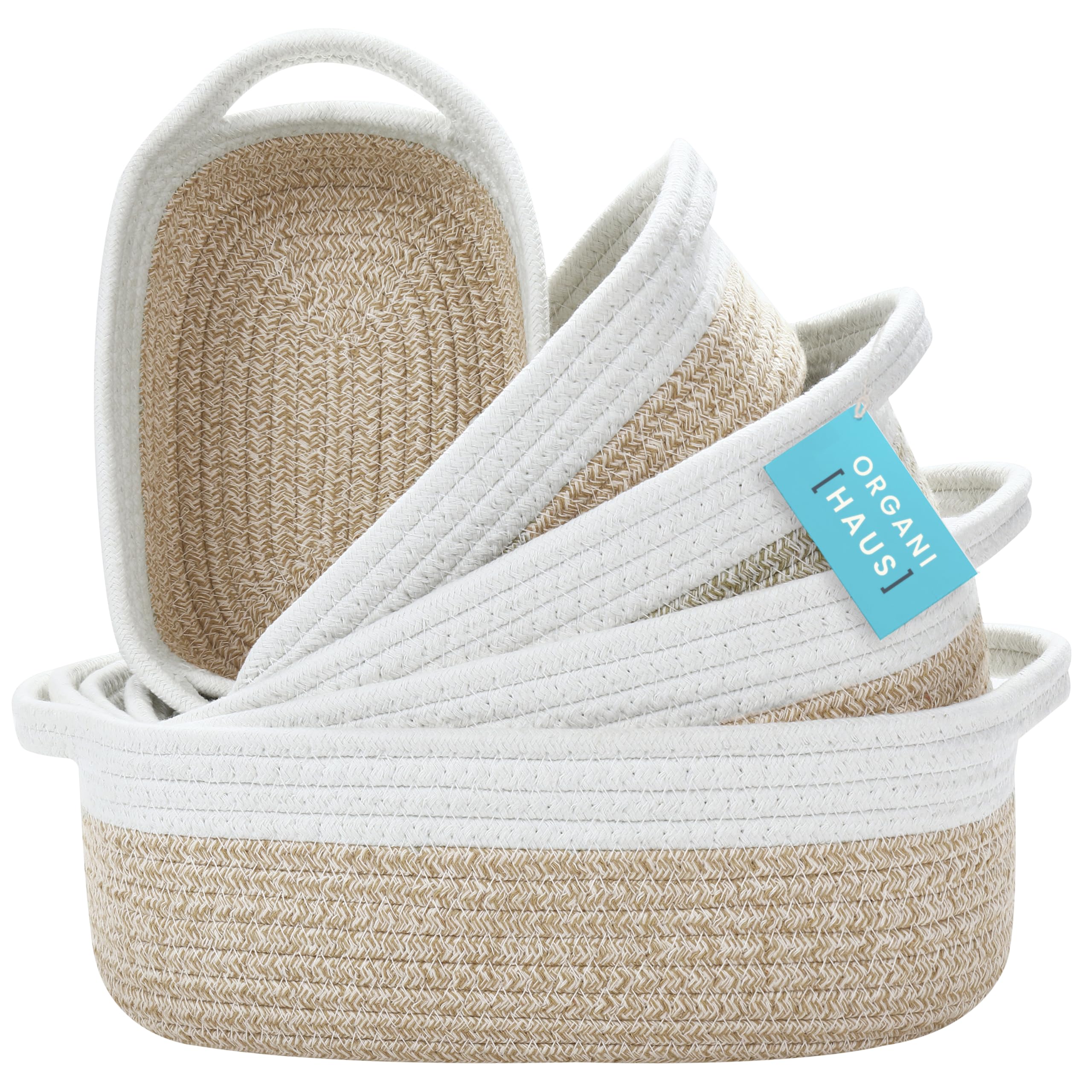 OrganiHaus Set of 5 Small Woven Rope Storage Baskets - Honey & White | Rectangle Organizing Bins for Bathroom, Nursery, Office & Home Decor | Space-Saving Storage Solution for Toiletries, Toys & Essentials