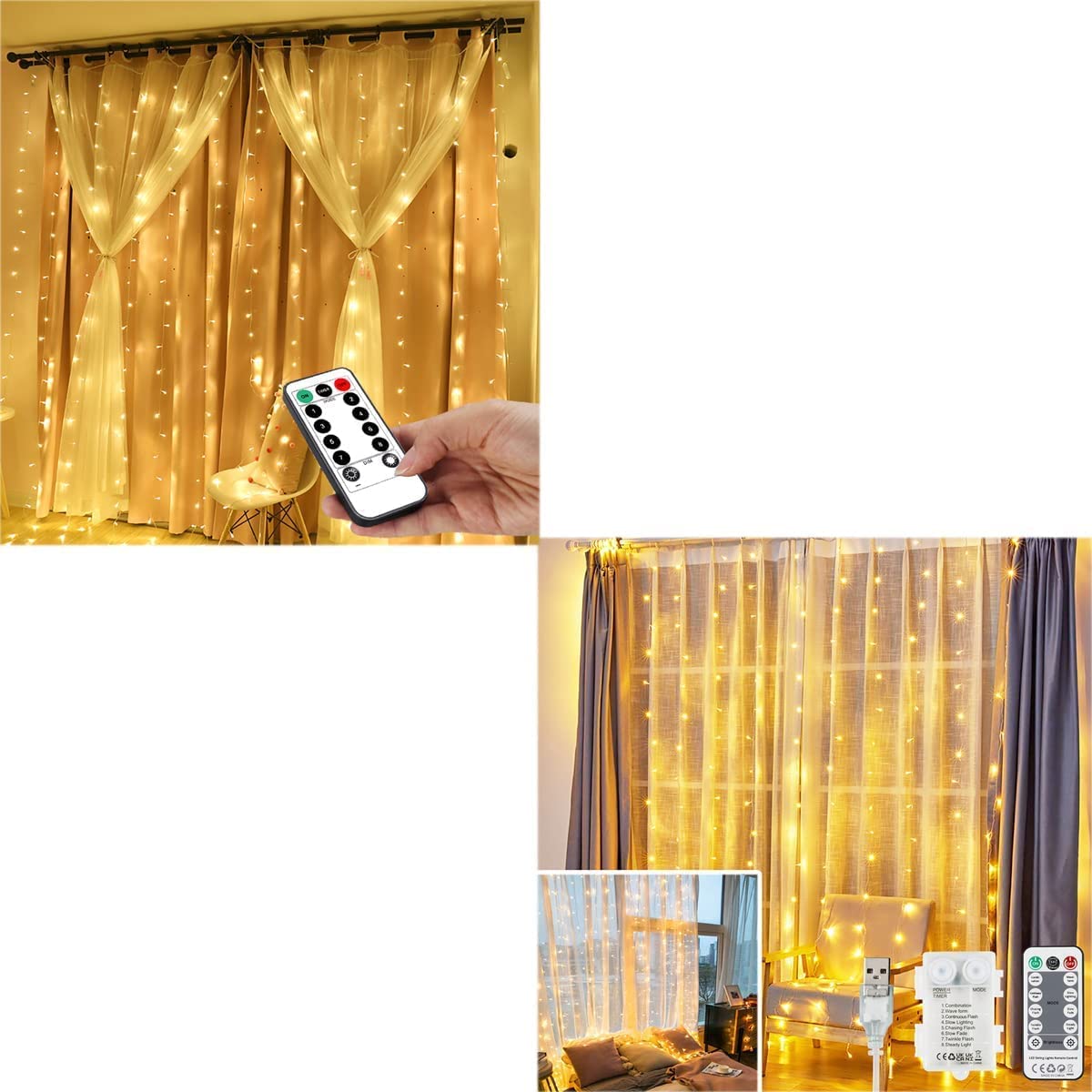 YEOLEH 144 LEDs Fairy Curtain Lights with Memory Function - USB/Battery Powered Warm White String Lights for Bedroom, Wedding, Party & Outdoor Decor