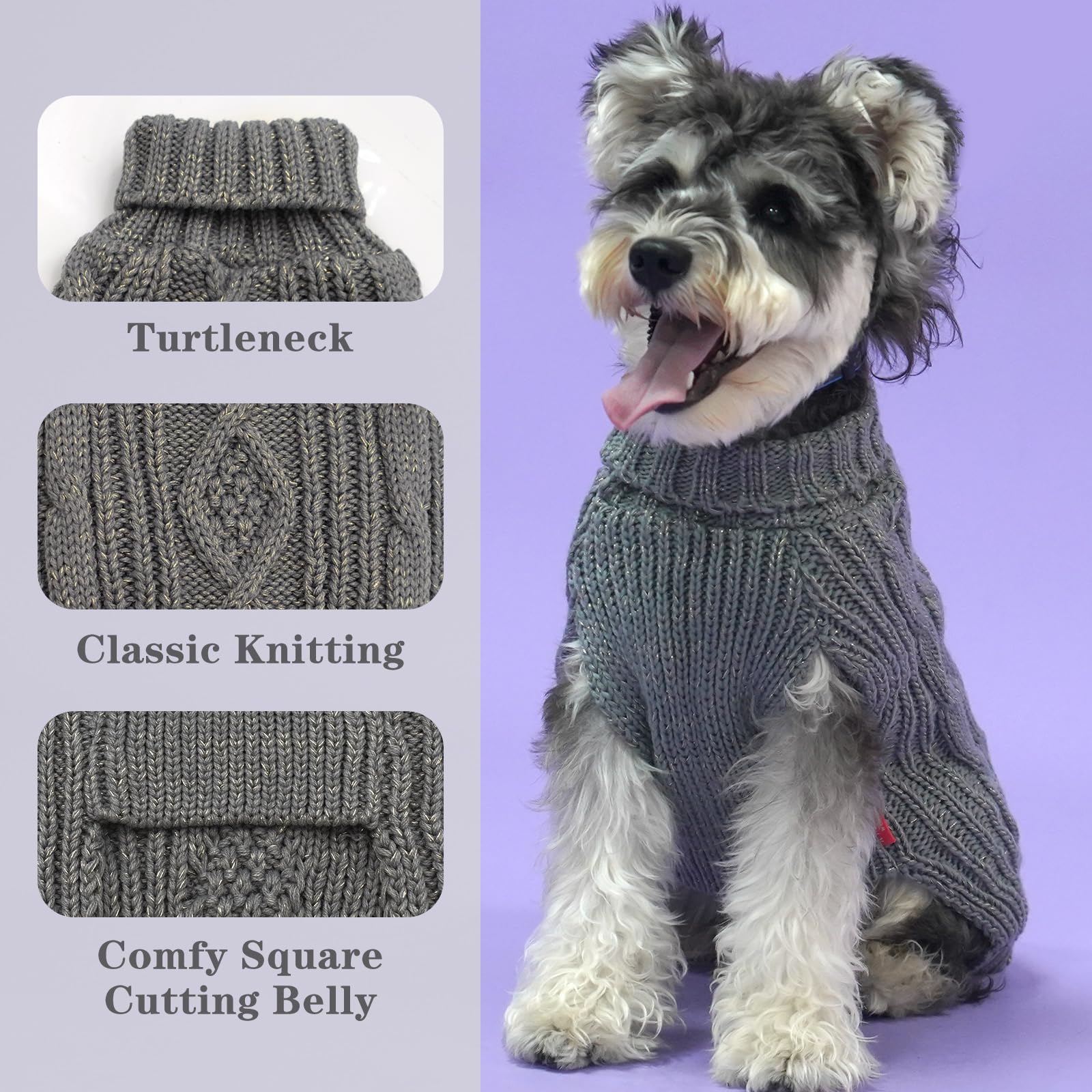 KYEESE Golden Thread Dog Sweater - Turtleneck Pullover for Small Dogs, Grey | Cold Weather & Indoor Wear