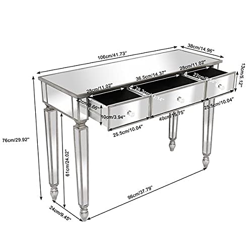 Silver Blingage Mirrored Desk with 3 Drawers - 106x38x76.5cm Modern Console Table for Bedroom, Living Room & Entryway Decor