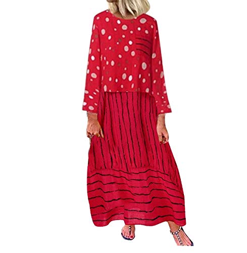 Women's Vintage Print Summer & Spring Casual Dress 2022 - Polka Dots Striped Fake Two-Piece O-Neck Maxi Dress | Most Wished for Choice | Perfect for Beach Vacations, Date Nights & Summer Parties