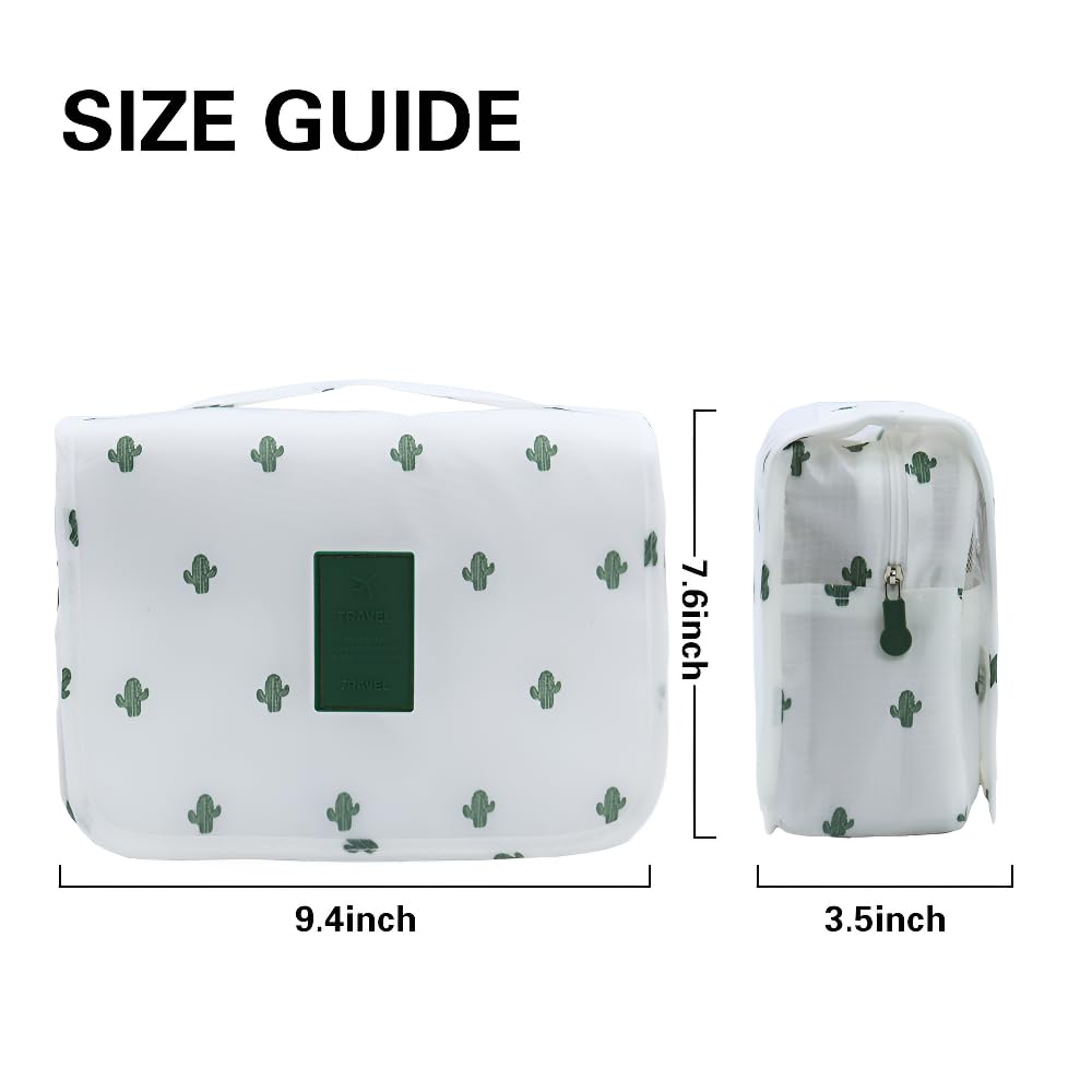 Waterproof Hanging Toiletry Bag for Travel - Large Capacity Cosmetic Organizer with Multiple Pockets, Portable Makeup Bag for Women & Men (White Cactus Design) - Perfect for Airplane, Camping, Gym & Business Trips