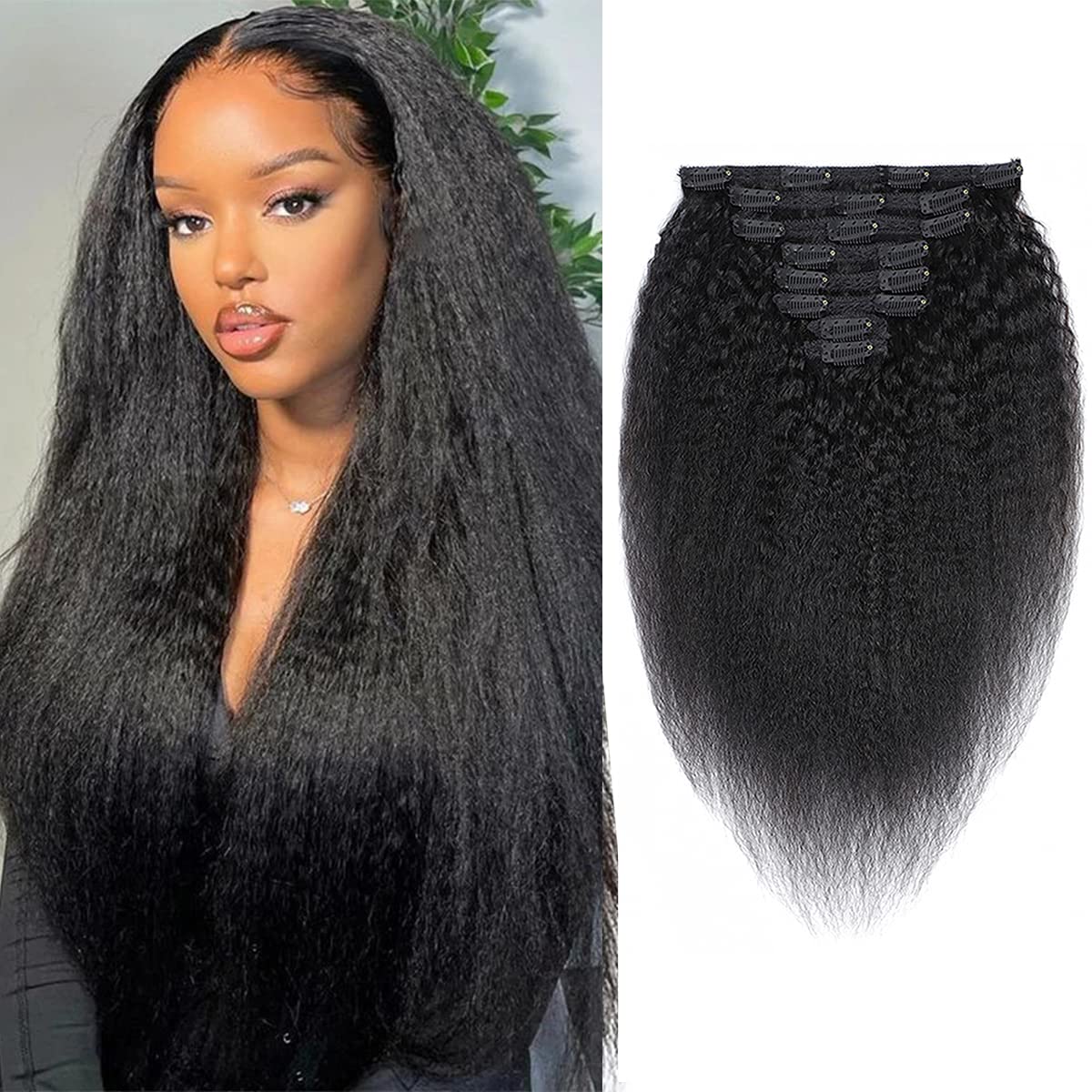 Kinky Straight Clip in Hair Extensions for Women - 14 Inch Virgin Brazilian Human Hair Weft, Silky Soft & Natural - Perfect for Daily Styling, Parties & Special Occasions