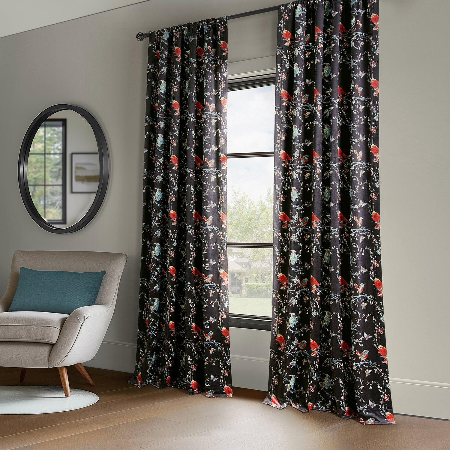 Botanic Garden Black Abstract Barcelona Velvet Blackout Curtains - Elegant Room Darkening Drapes for Living Room, Bedroom & Home Theater