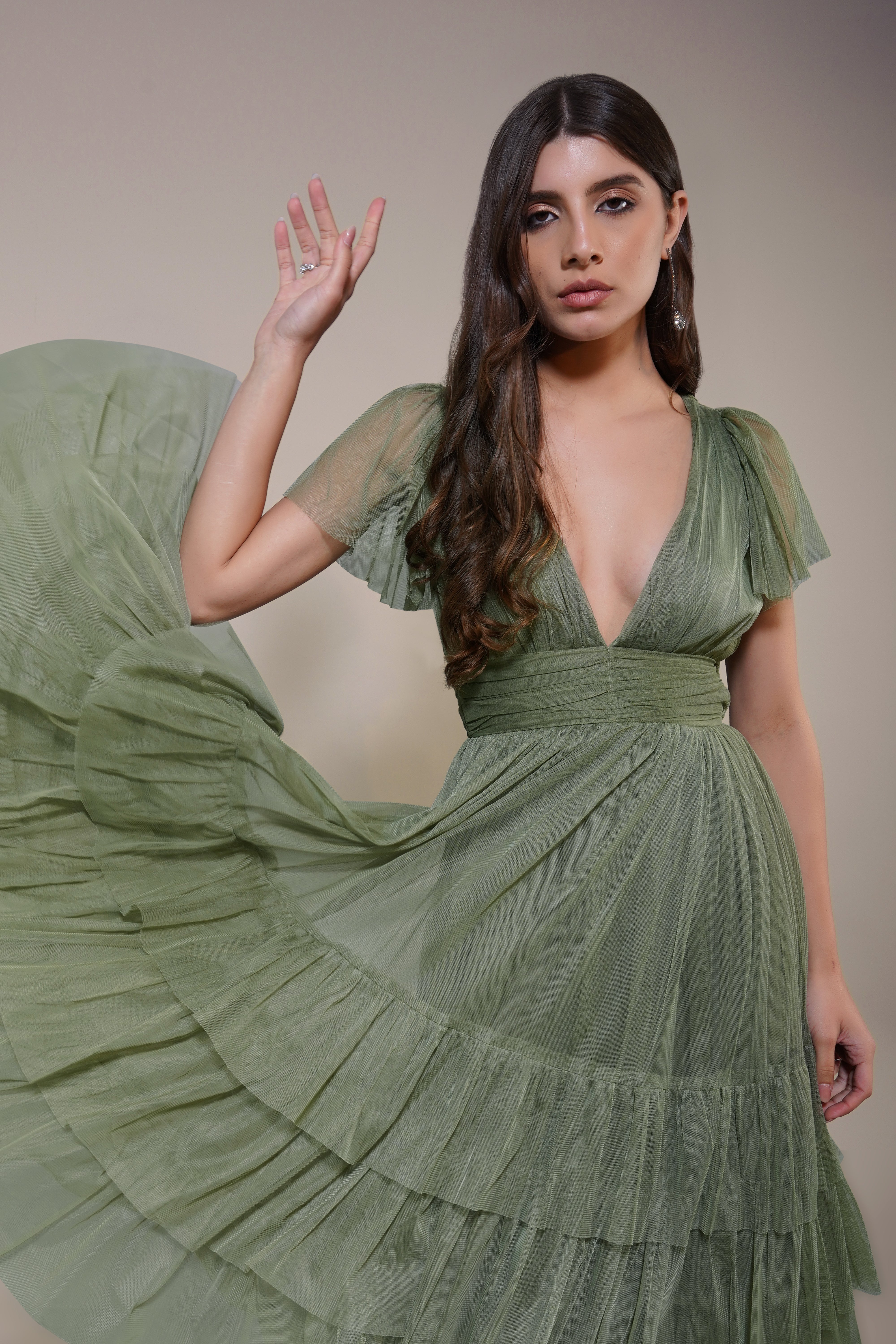 Madison Soft Olive Tulle Bridesmaid Midi Dress - Elegant Wedding Party Gown for Bridesmaids, Formal Occasions & Special Events