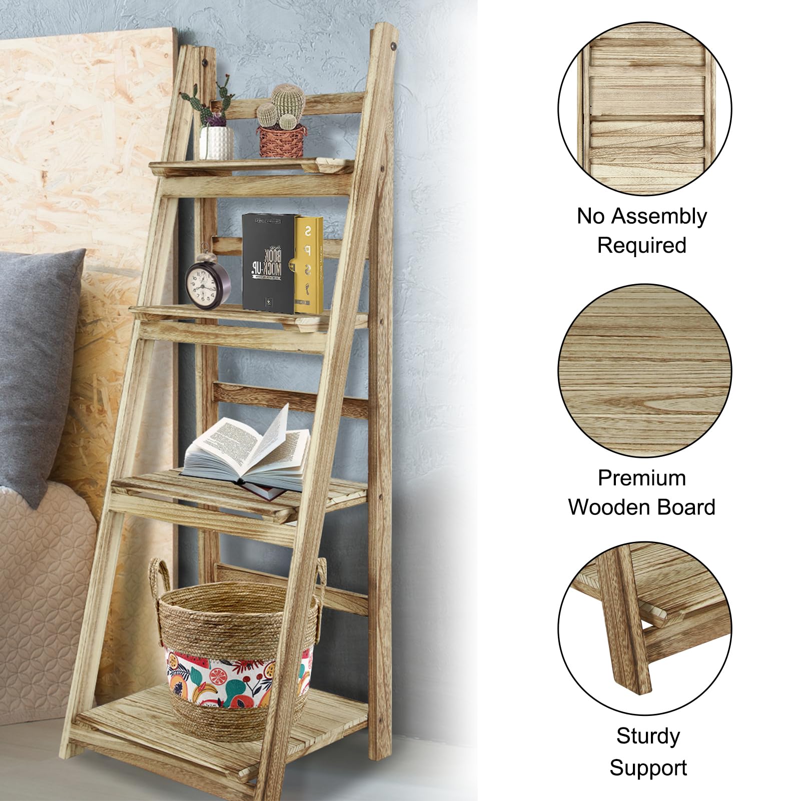 4-Tier Folding Ladder Shelf - Wood Plant Display Rack for Home & Office Decor