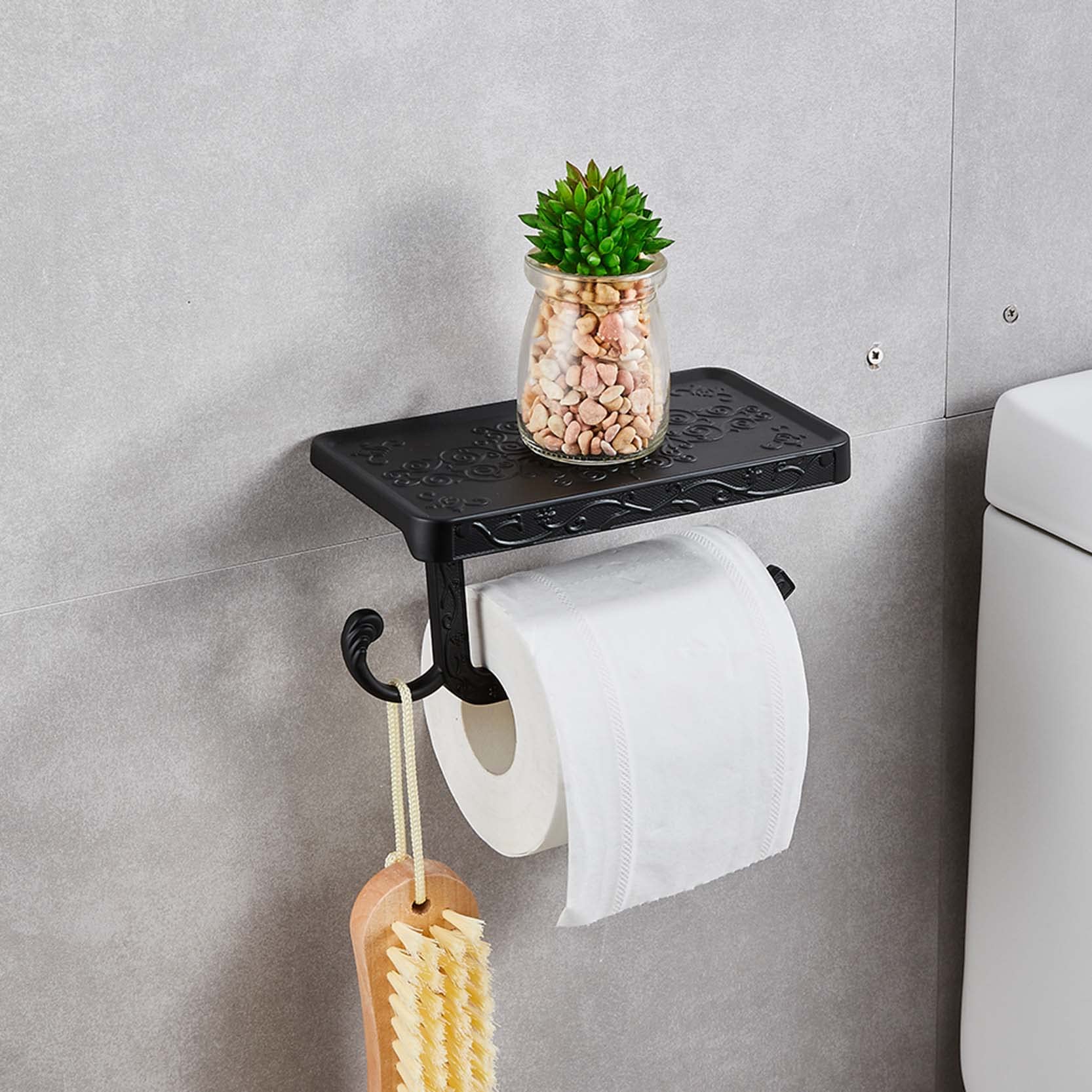 Vintage Wall Mount Toilet Paper Holder with Shelf - Aluminum Bathroom Tissue Roll Holder for Home & Office (White) | Perfect for Small Bathrooms, Powder Rooms & RVs