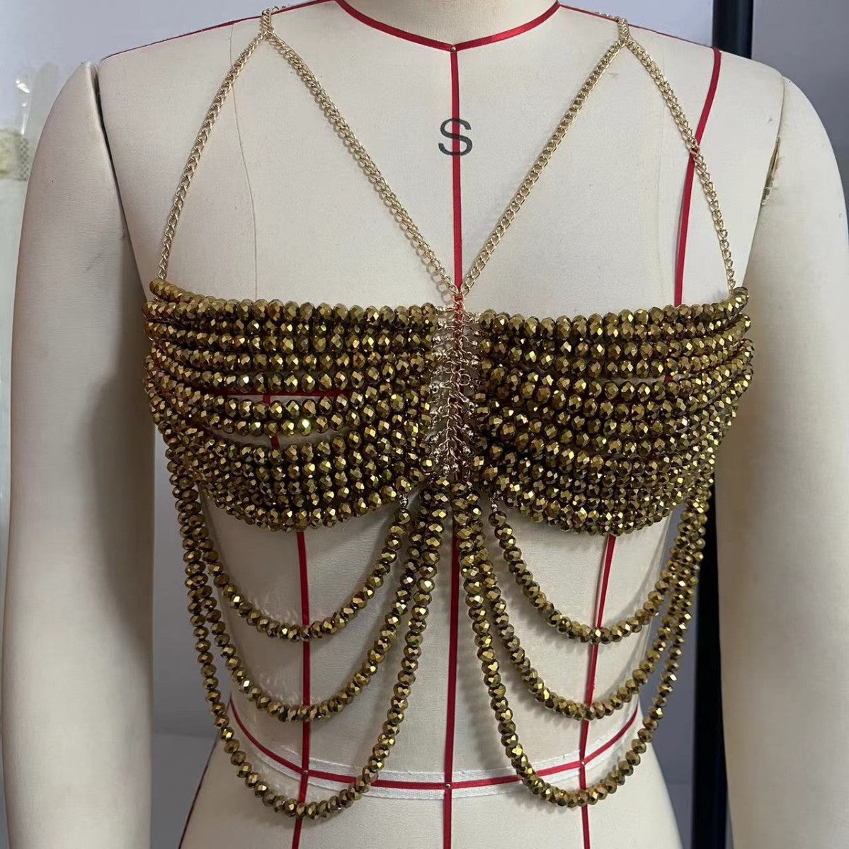 2025 F4923Y Beaded Bra Neck Top - Small Vest Body Chain Chest Chain for Women - Real Shot - Perfect for Music Festivals, Parties & Boho Fashion