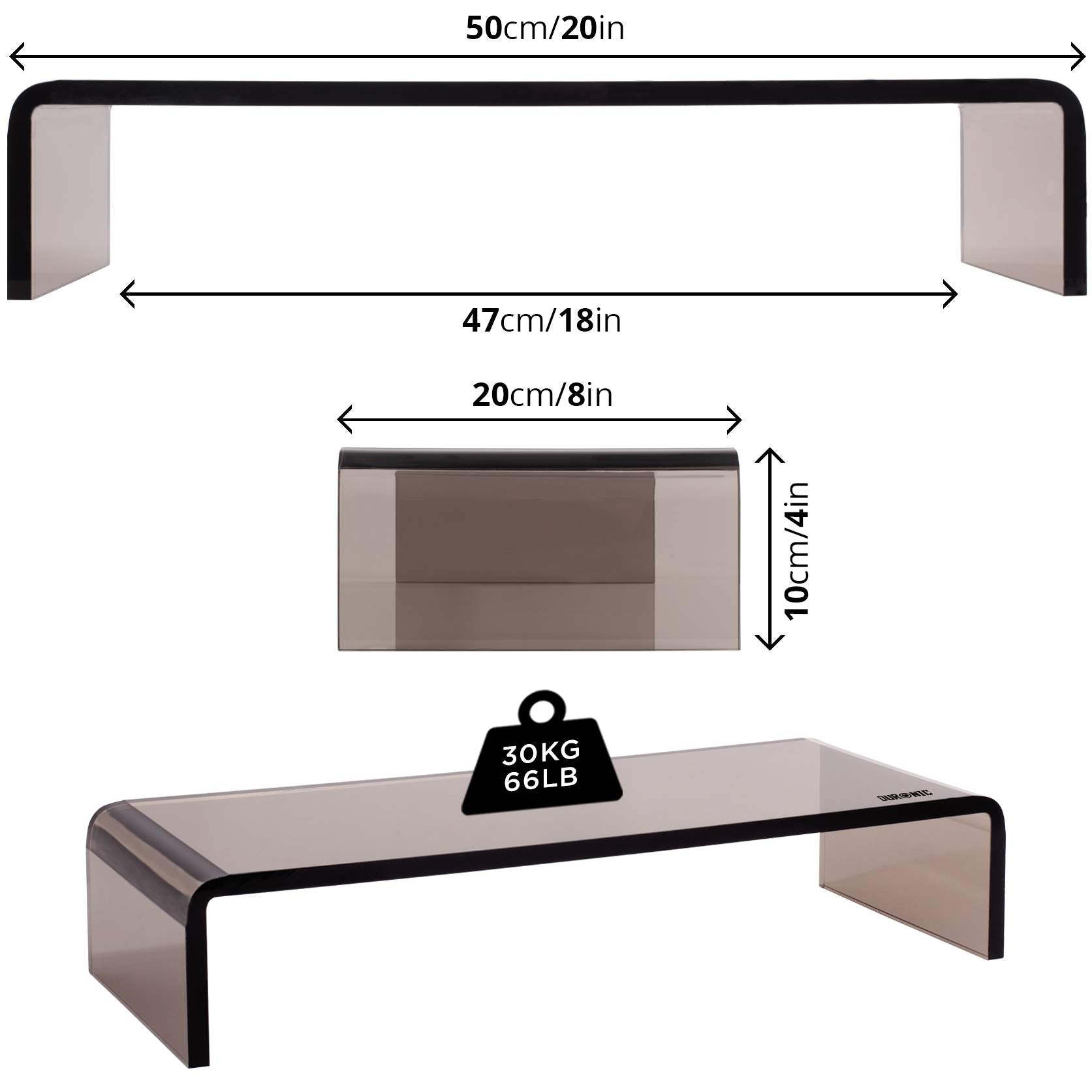 Duronic DM054 Black Acrylic Monitor Stand Riser - Ergonomic Laptop & Computer Screen Stand for Desk, TV, PC Monitor with 30kg Capacity (50x20cm) - Perfect for Home Office, Gaming Setup & Workspace Organization
