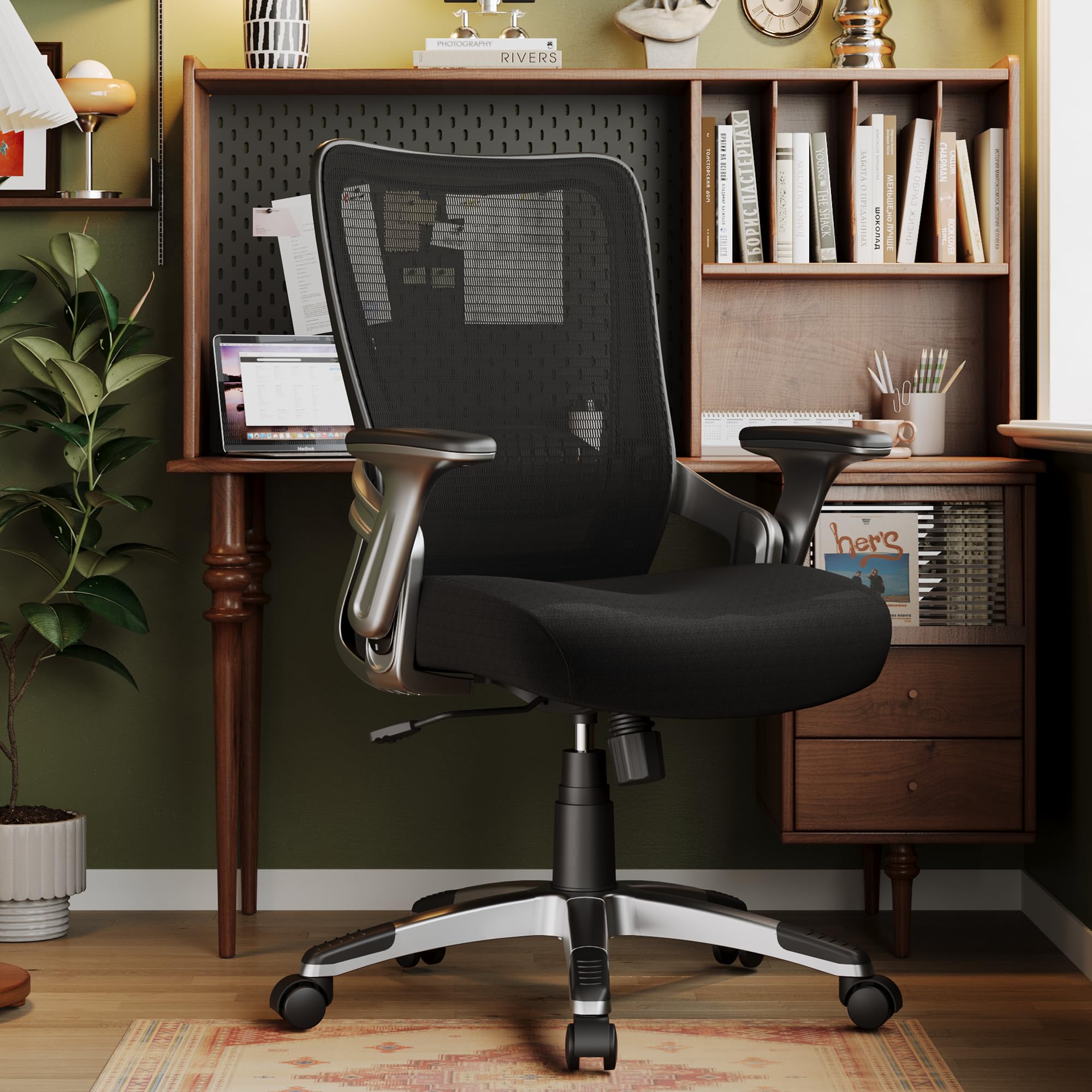 SUNNOW Ergonomic Office Chair - Adjustable Lumbar Support Mesh Computer Desk Chair with Flip-up Arms & Tilt Function - Wide Seat Executive Task Chair for Home Office - Perfect for Long Work Hours & Video Conferencing (Black)