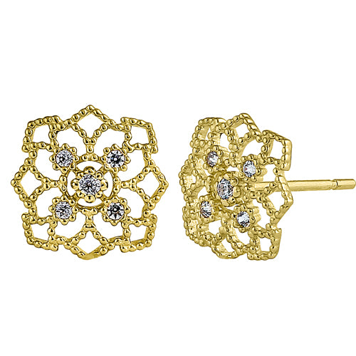 14K Solid Yellow Gold Woven Web Stud Earrings with Clear Round Cubic Zirconia - Perfect for Everyday Wear, Parties & Special Occasions