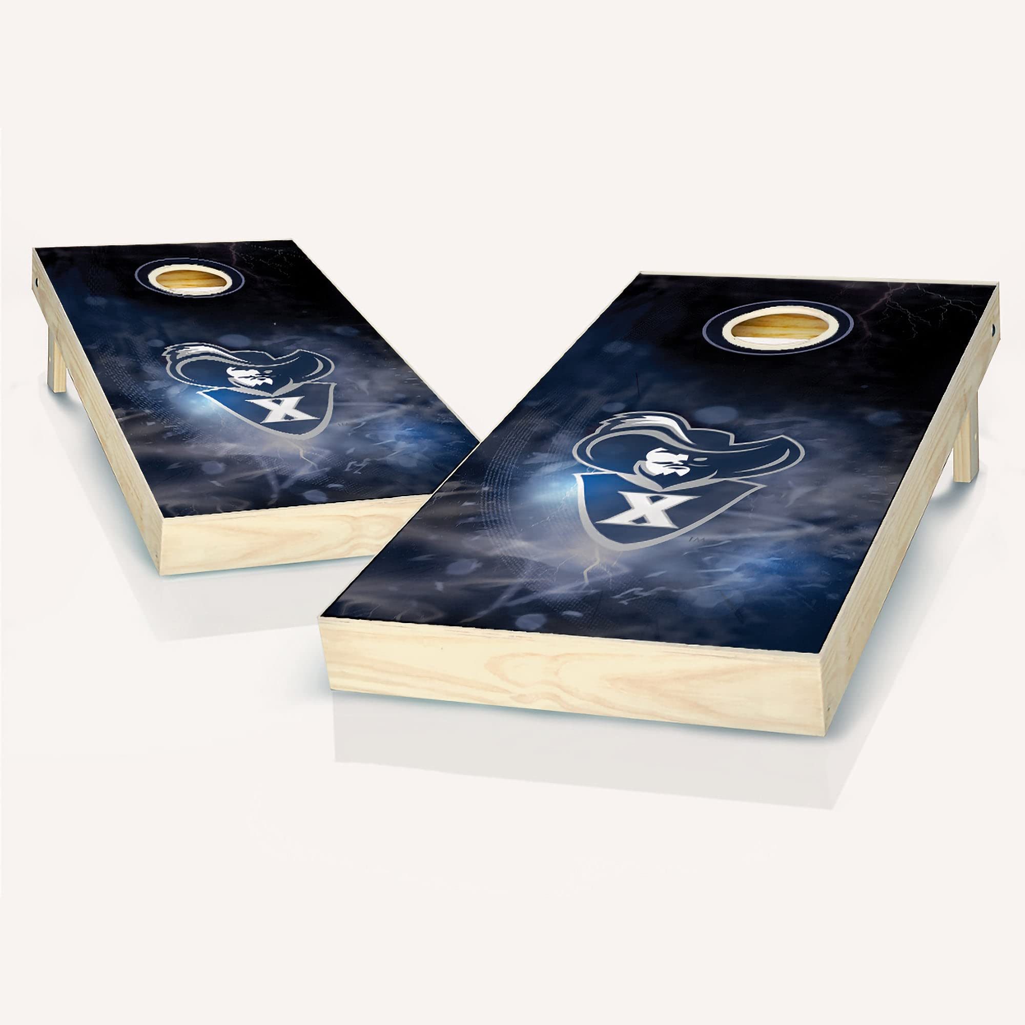 Premium Xavier Smoke Cornhole Boards Set - 2 Regulation-Sized Boards & 8 Custom Team Logo Bags for Outdoor Games, Tailgating, Backyard Parties and BBQ Events