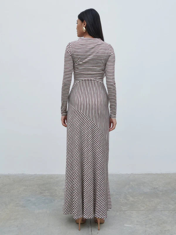 Delilah Asymmetric Jersey Maxi Dress - Brown & Cream Flowy Long Dress for Women | Perfect for Beach Vacations, Summer Parties & Boho Chic Outfits