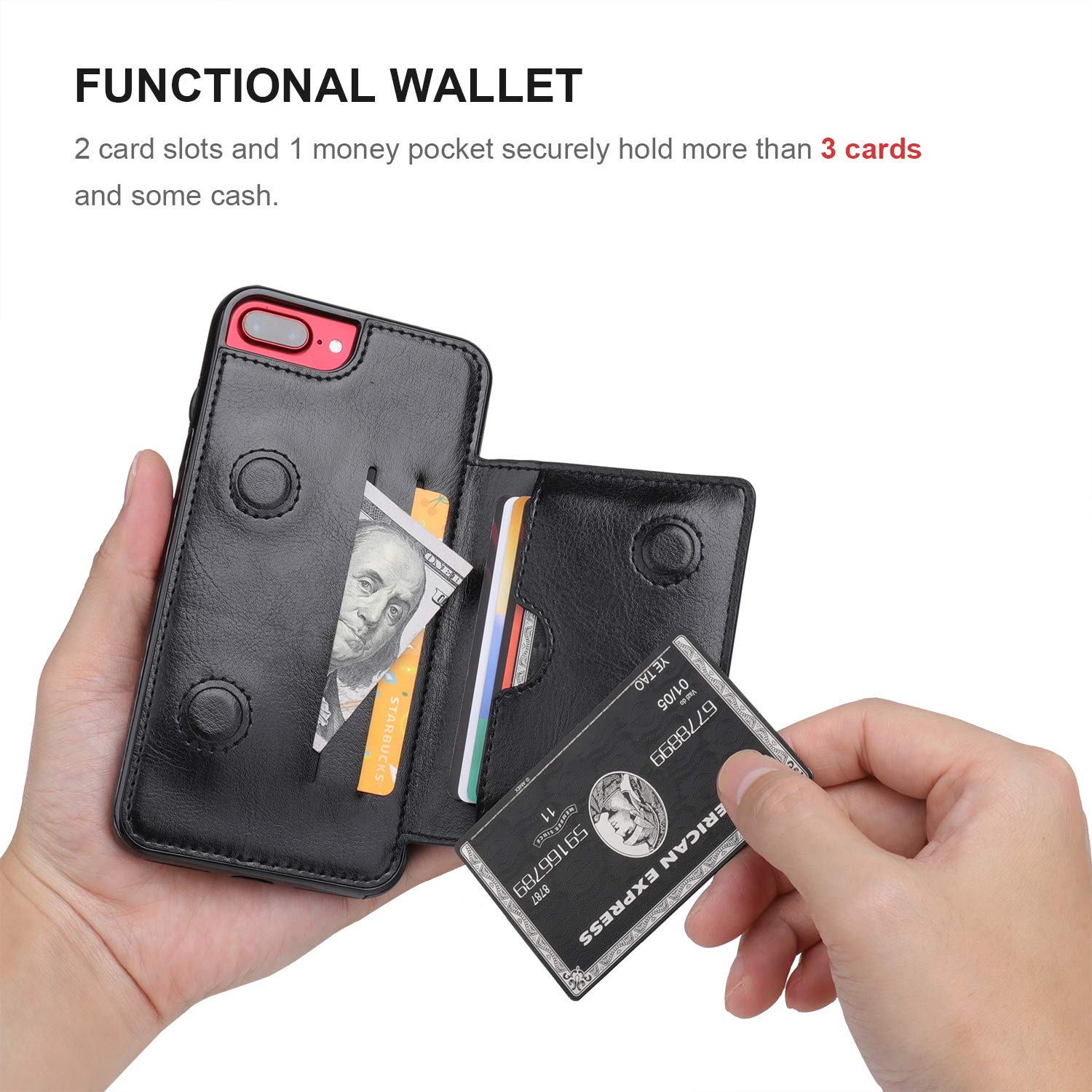 Premium Leather Wallet Case for iPhone 7 Plus/8 Plus - Credit Card Holder & Kickstand | Durable Shockproof Protective Cover (5.5 Inch, Black) | Perfect for Business Travel & Everyday Use