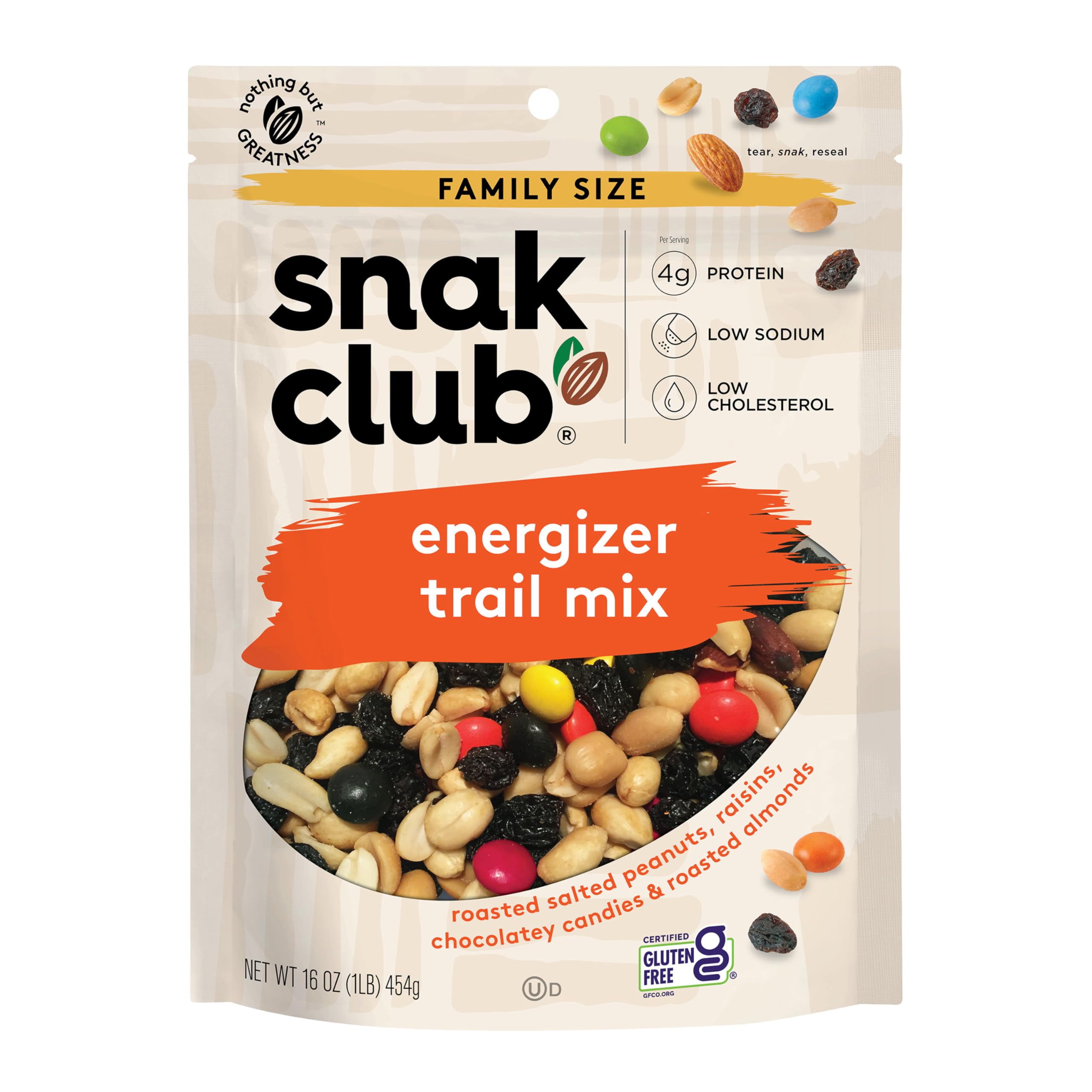 Snak Club Energizer Trail Mix - Roasted Salted Peanuts, Raisins, Chocolate Candies & Almonds - Gluten-Free, Kosher Snack - 16oz Resealable Bag - Perfect for Hiking, Camping & Office Snacks