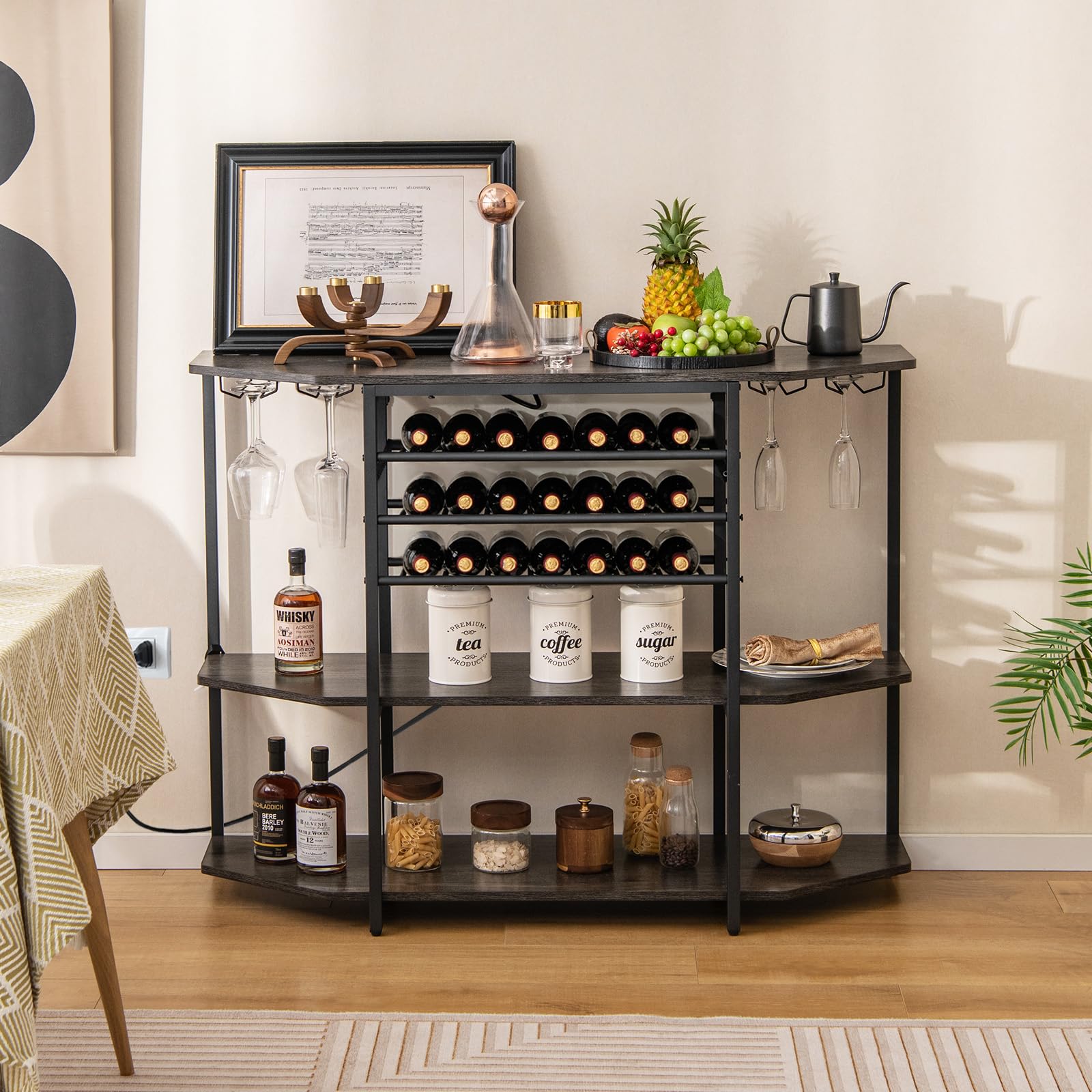 COSTWAY 3-Tier Wine Bar Cabinet with Power Outlets & Storage - Rustic Grey Freestanding Liquor Cabinet with Wine Racks, Glass Holders - Perfect for Kitchen, Dining Room, Home Bar or Entertainment Area