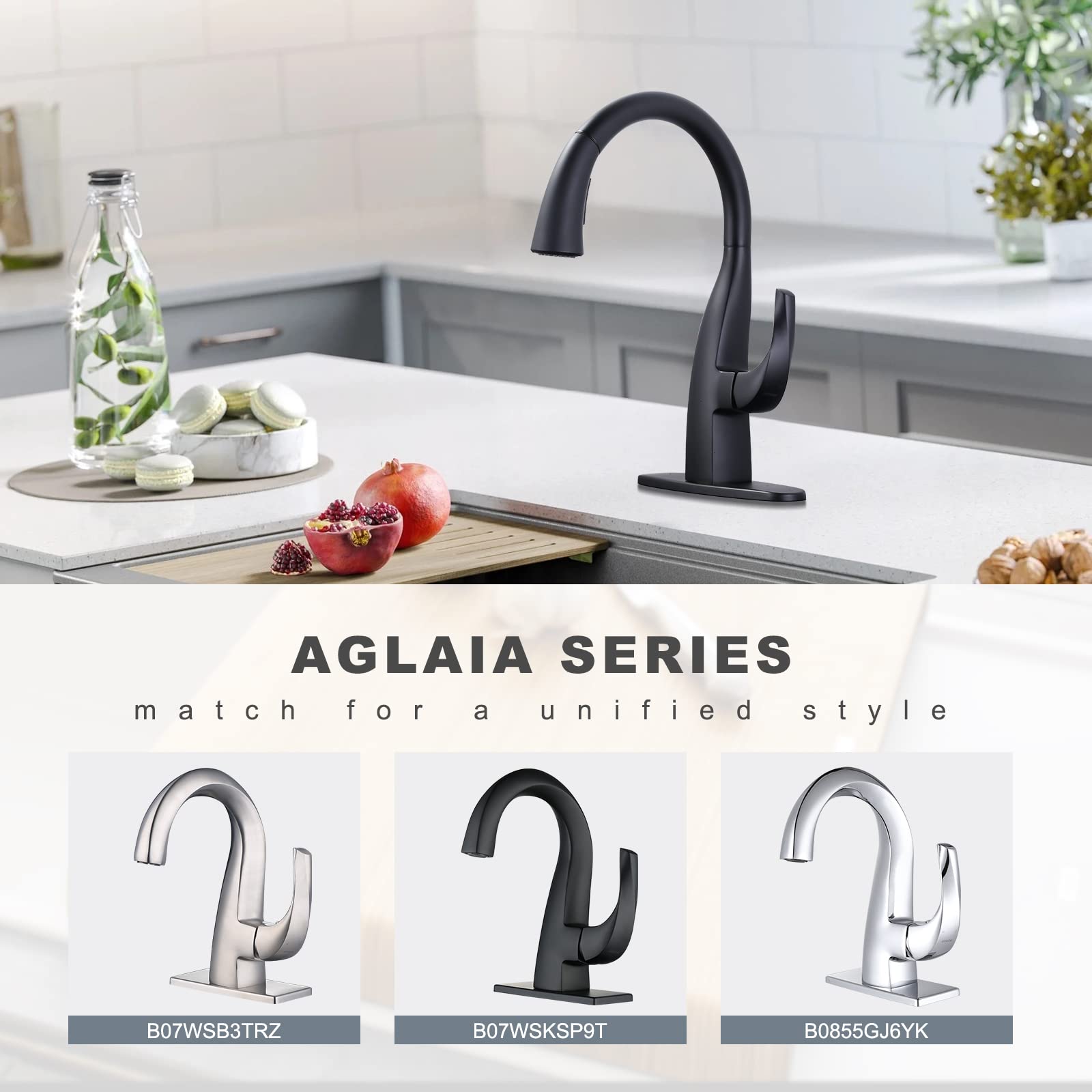 WOWOW Black Kitchen Faucet with Pull Down Sprayer - Single Handle Gooseneck Sink Faucet for 1 or 3 Hole Installation - Includes Soap Dispenser - Perfect for Farmhouse, RV, Camper, Laundry & Bar Sinks