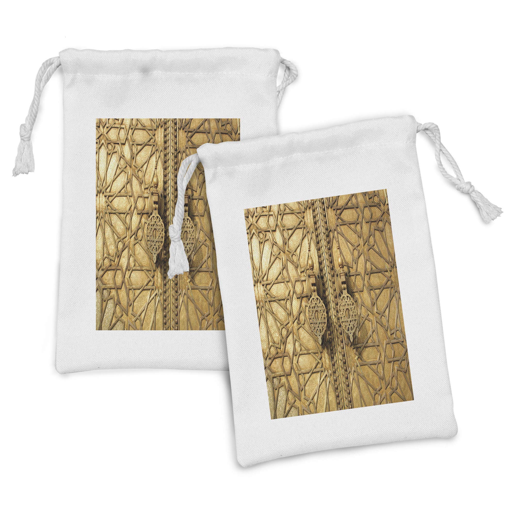 Ambesonne Moroccan Fabric Pouch Set of 2 - Royal Palace Marrakesh Travel Design, Small Drawstring Bag for Toiletries, Masks & Party Favors (9x6 Inches, Pale Brown) | Perfect for Travel Accessories, Gift Bags & Cosmetic Storage