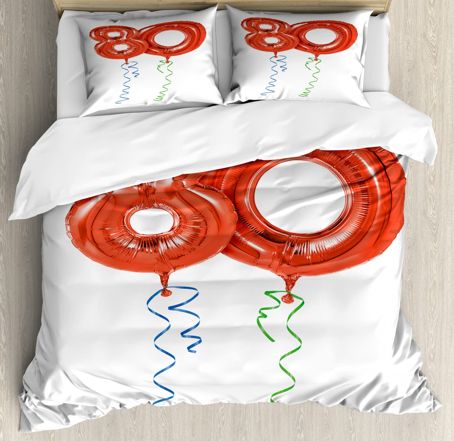 Ambesonne 80th Birthday Duvet Cover Set - Queen Size 2-Pack with 2 Duvet Covers & 4 Pillowcases - Vibrant Red, Green & Blue Balloon Swirl Print for Grandparent's Birthday Party - Perfect for Guest Rooms, Gift Giving & Themed Celebrations