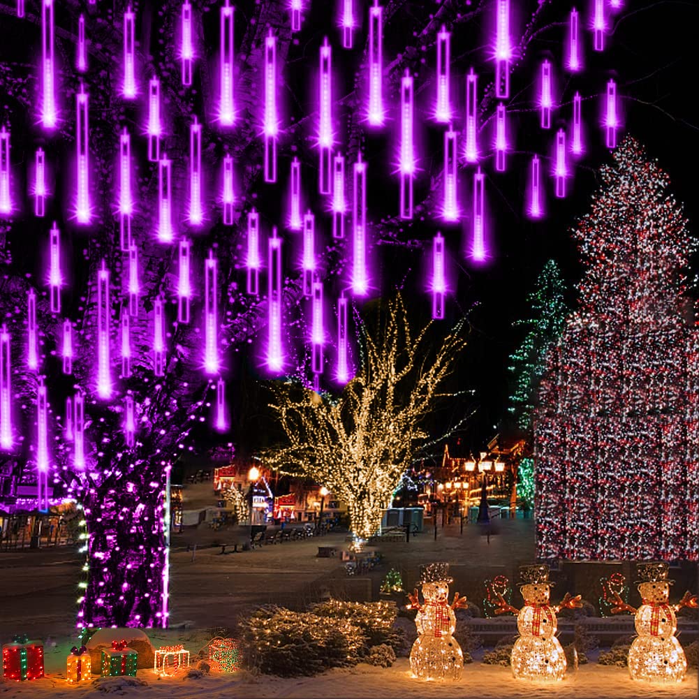 Aokudoni 16inch/40cm Purple Meteor Shower Rain Lights - UL Certified Outdoor Halloween & Christmas Decorations, Waterproof Icicle String Lights for Holiday Party, Tree, Yard, and Indoor Decor