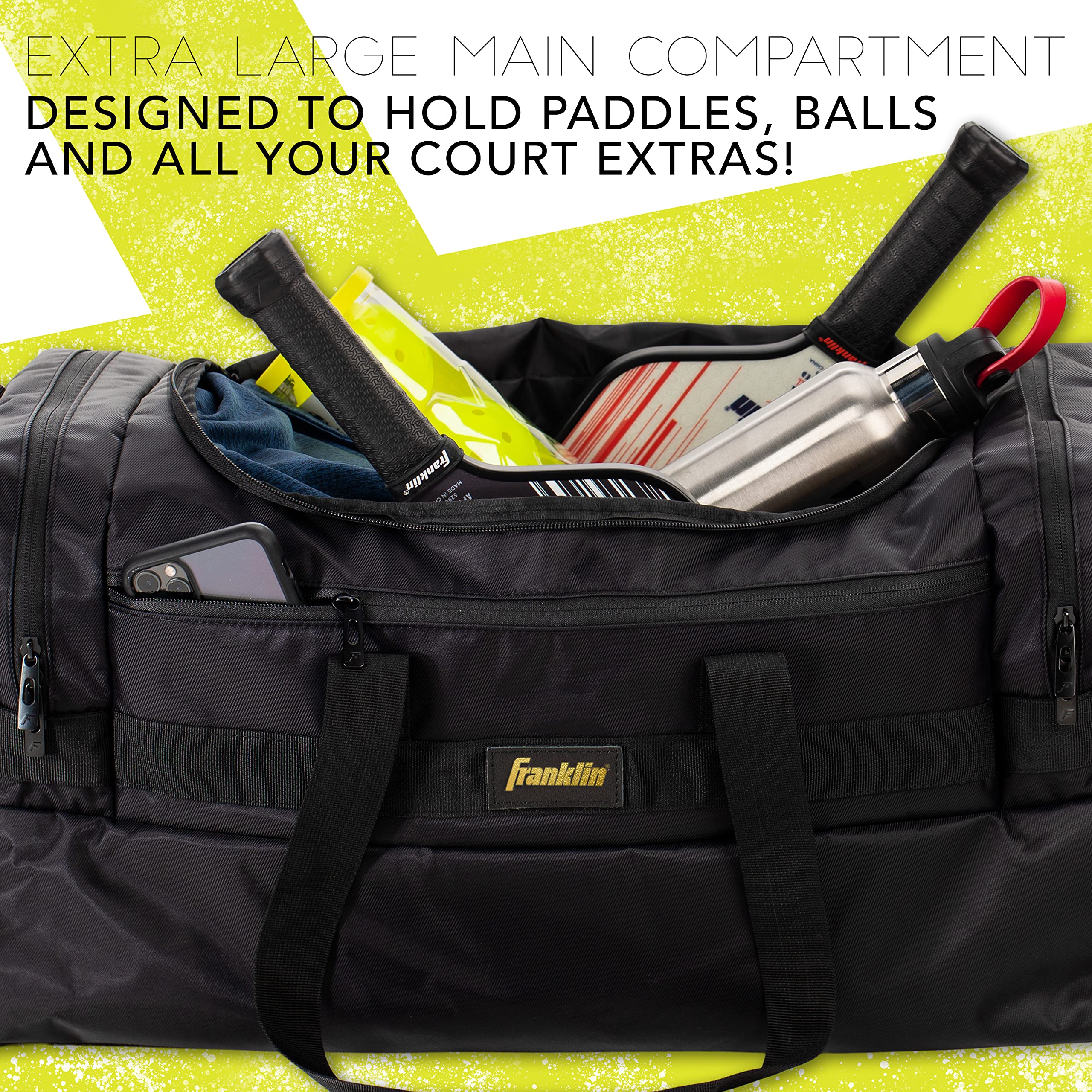 Franklin Sports Elite Series Pickleball Duffle Bag - Large Capacity Tennis Bag for Paddles, Balls & Gear - Water-Resistant Travel Duffel for Men & Women (Black) - Perfect for Court, Gym & Outdoor Sports