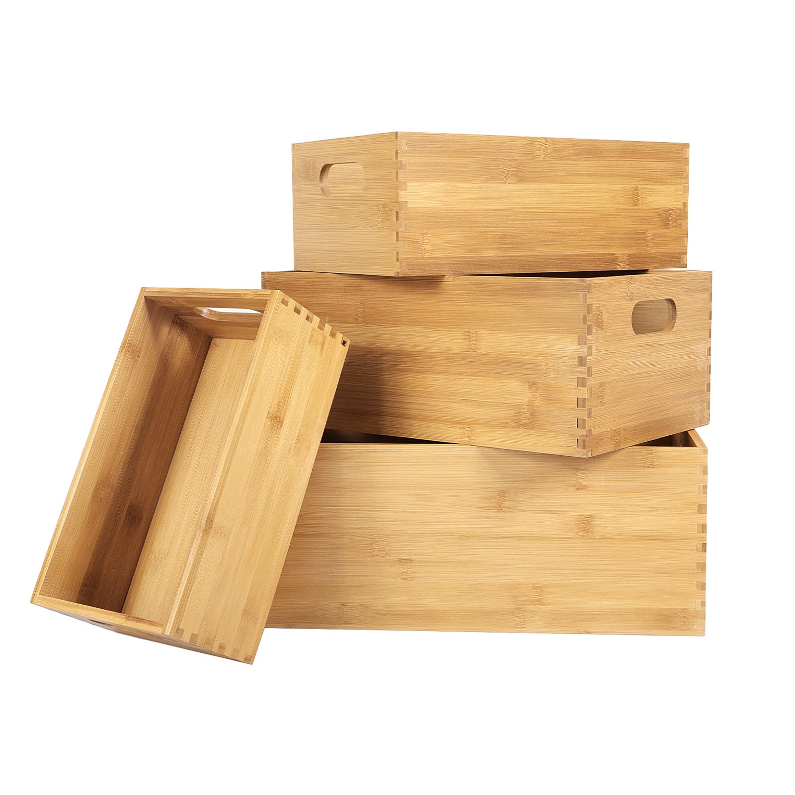 ANMINY Set of 4 Nesting Wooden Storage Crates - Natural Bamboo Wood Organizer Bins with Handles for Home, Office, Closet & Shelf Organization - Perfect for Toys, Books, Blankets & Home Decor Storage